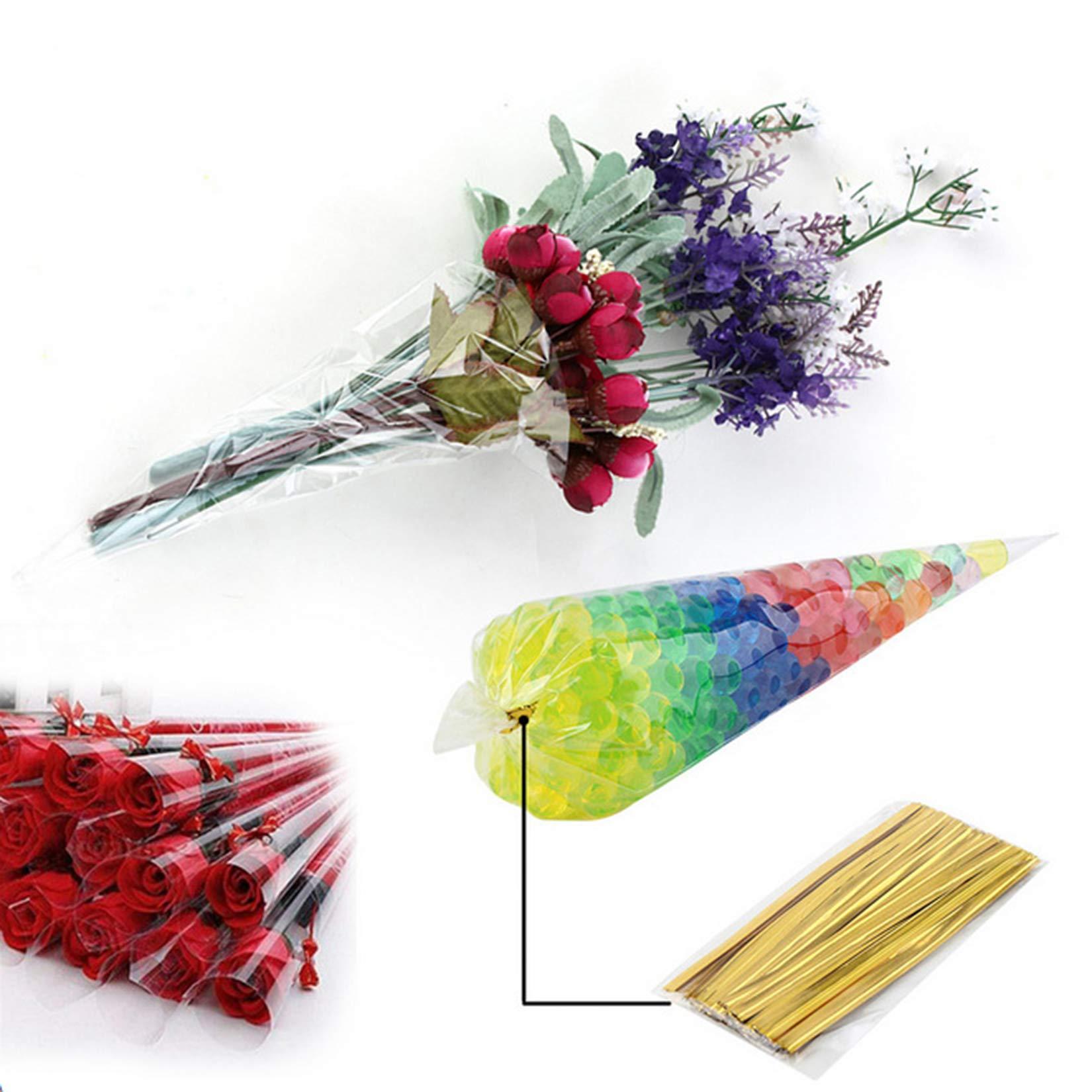 Morepack Cone Cellophane Bags,200 PCS 6.3\"x11.8\" Cello Clear Cone Shaped Treat Bags with Twist Ties, Plastic Cone Bags Triangle Bags for Popcorn Favor Candy