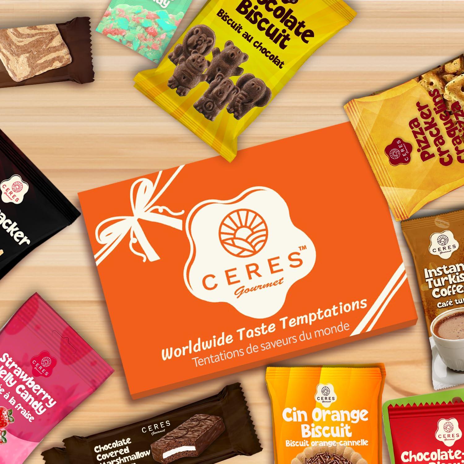 Ceres Gourmet International Snack Box Variety Pack, 12 Different Snacks with 15+ Pieces Count Premium Foreign Rare Snacks and Candies, Sweet & Sour Candy Pack for Christmas Thanksgiving or More