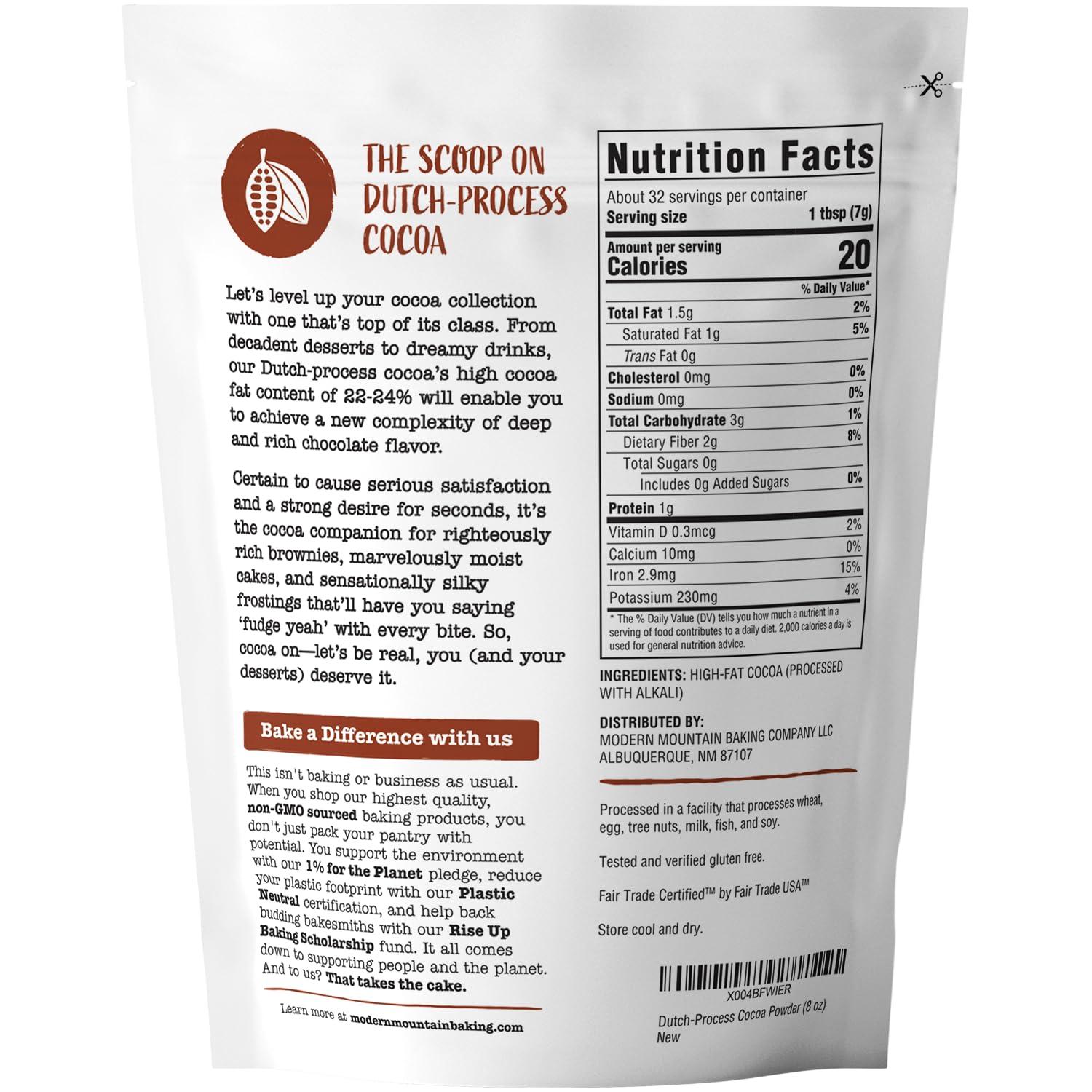 MODERN MOUNTAIN Cocoa Powder (8 oz) Dutch Processed Cocoa Powder, Unsweetened, Extra Rich Cocoa Flavor, 22-24% Fat, Premium Culinary Grade, Non-GMO Sourced, Fair Trade Certified, Perfect Cocoa for Baking and Cooking