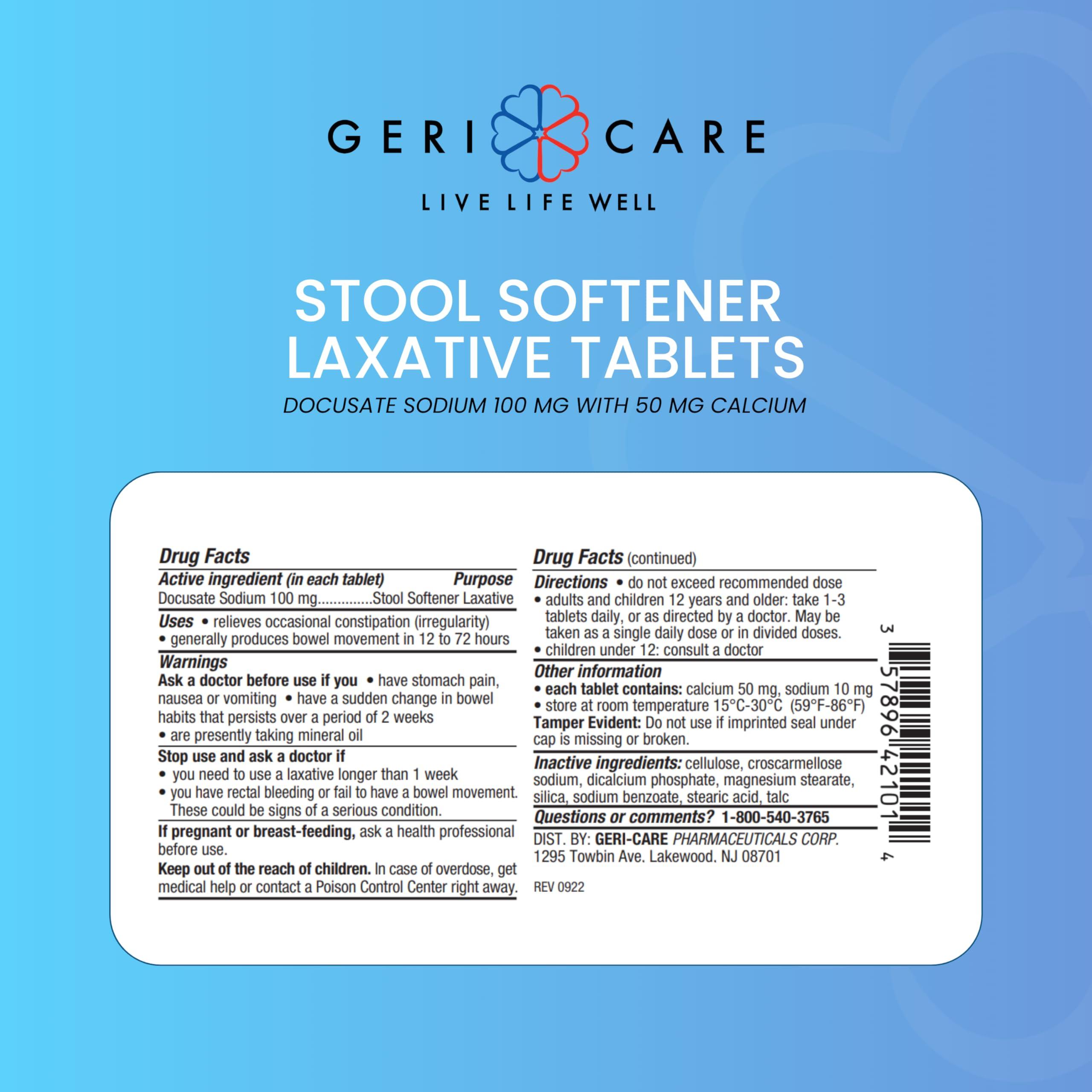 GeriCare GeriCare Docusate Sodium Stool Softeners, Best Stool Softener for Daily use for Women, Men, and Elderly - Ideal for Constipation Relief 100mg Crushable Tablets. (100 Count) Made in The USA.