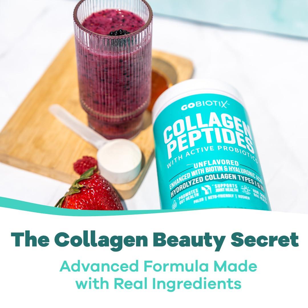 GOBIOTIX GOBIOTIX Collagen Powder Supplement with Probiotics - Hydrolyzed Protein Collagen Powder for Women - Hair Skin and Nails, Joint and Digestive Health - Collagen Peptides Type I and III - 30 Servings