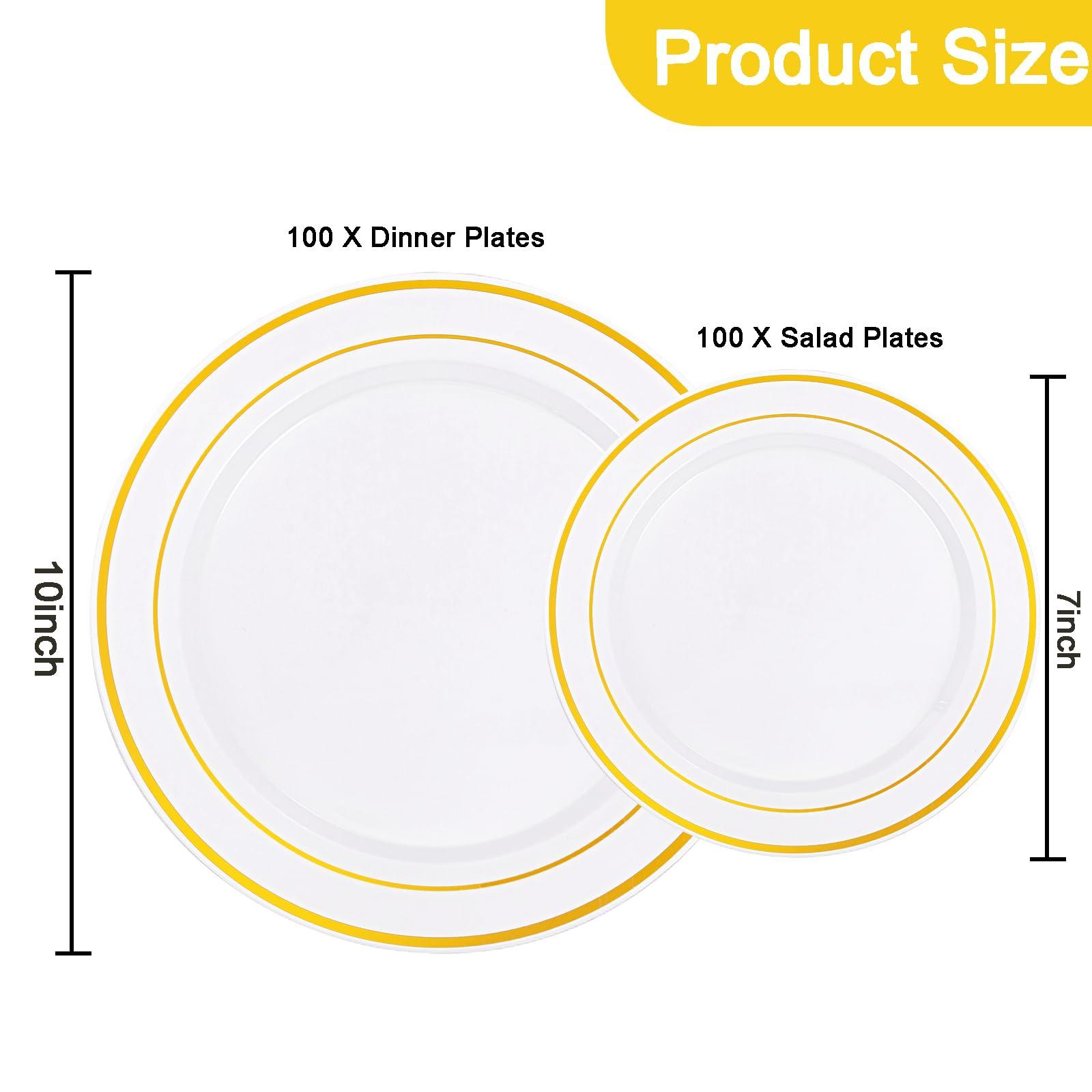 I00000 200 Pcs Gold Plastic Plates - Disposable Party Plates, Gold Plates Disposable Include 100 Dinner Plates and 100 Elegant Dessert Plates, Plastic Plates for Party, Holiday, Wedding & Birthday