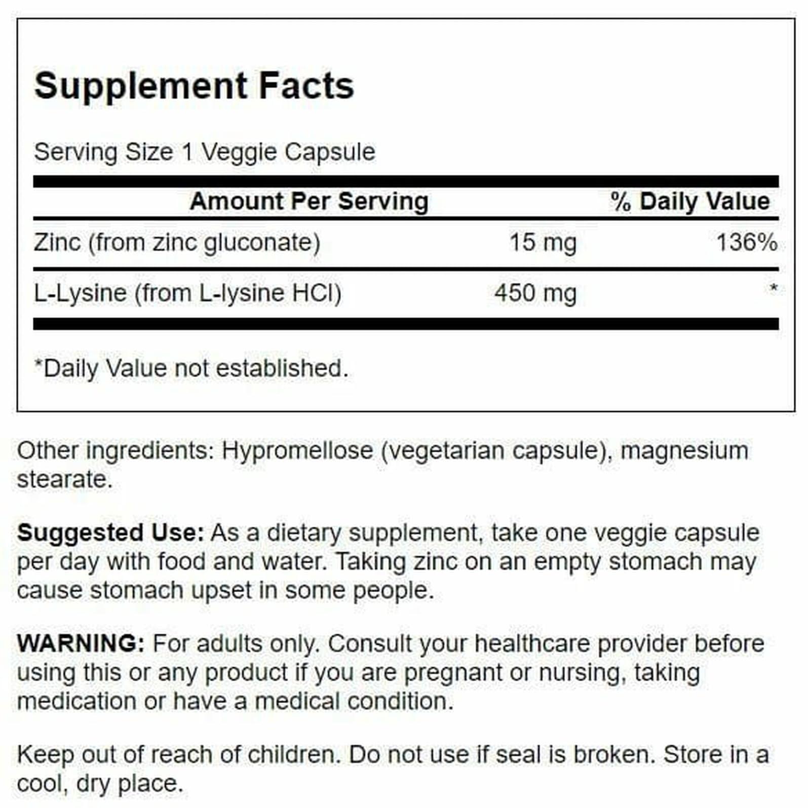 Swanson Swanson Premium Brand Zinc Gluconate \'&\' L-Lysine - 2-in-1 Formula 90 Veg Caps