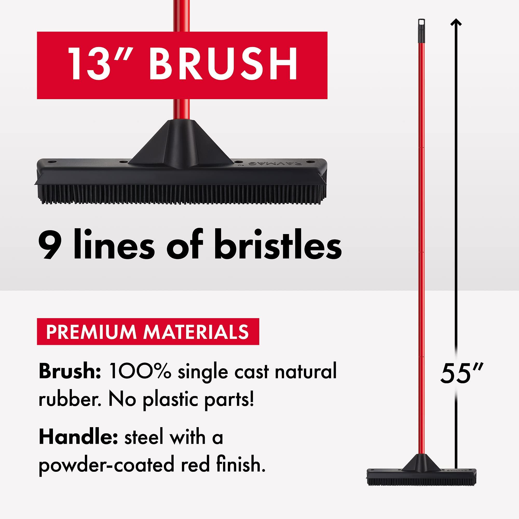 RAVMAG Pet Hair Remover Rubber Broom with Built in Squeegee - Carpet Rake for Pet Hair Removal on Hardwood Floor, Carpet & Tile - Picks Up More Dust & Debris - Rinse to Clean