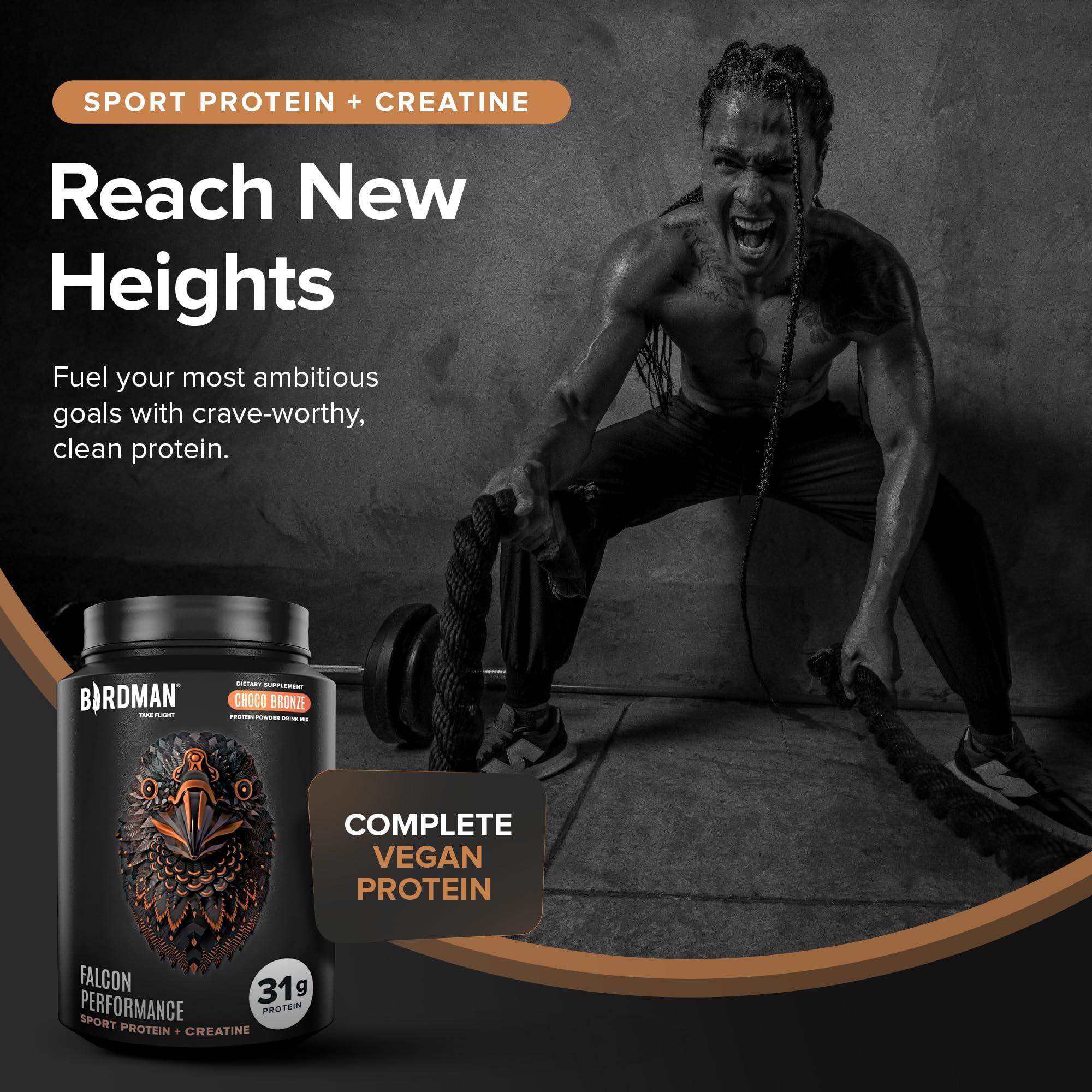 BIRDMAN Birdman Falcon Performance Vegan Protein Powder, 31g Protein, 5g Creatine, 5g BCAA, Probiotics, Electrolytes, Pre Workout, Low Carb, Sugar Free & Dairy Free, Plant Based Chocolate Protein -19 servings