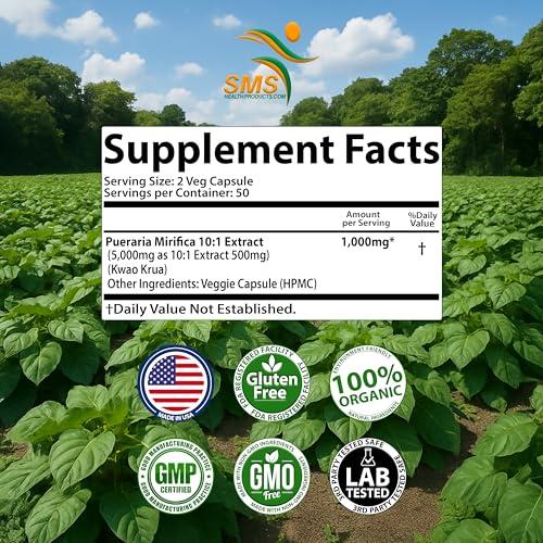 SMSHEALTHPRODUCTS.com Feminizer Sex Change Pills by SMS, 100 Veggie Caps Pueraria Mirifica For Estrogen 1,000mg Pure 10:1 Root Extract Powder - Kwao Krua Kao - Premium Grade, Organic for Women, Transgender, Ladyboy, LGBT