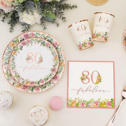 Crisky Crisky 80th Birthday Napkins and Plates for Women Rose Gold Floral Party Decoration, 80 and Fabulous Plates and Napkins for Women 80th Birthday.