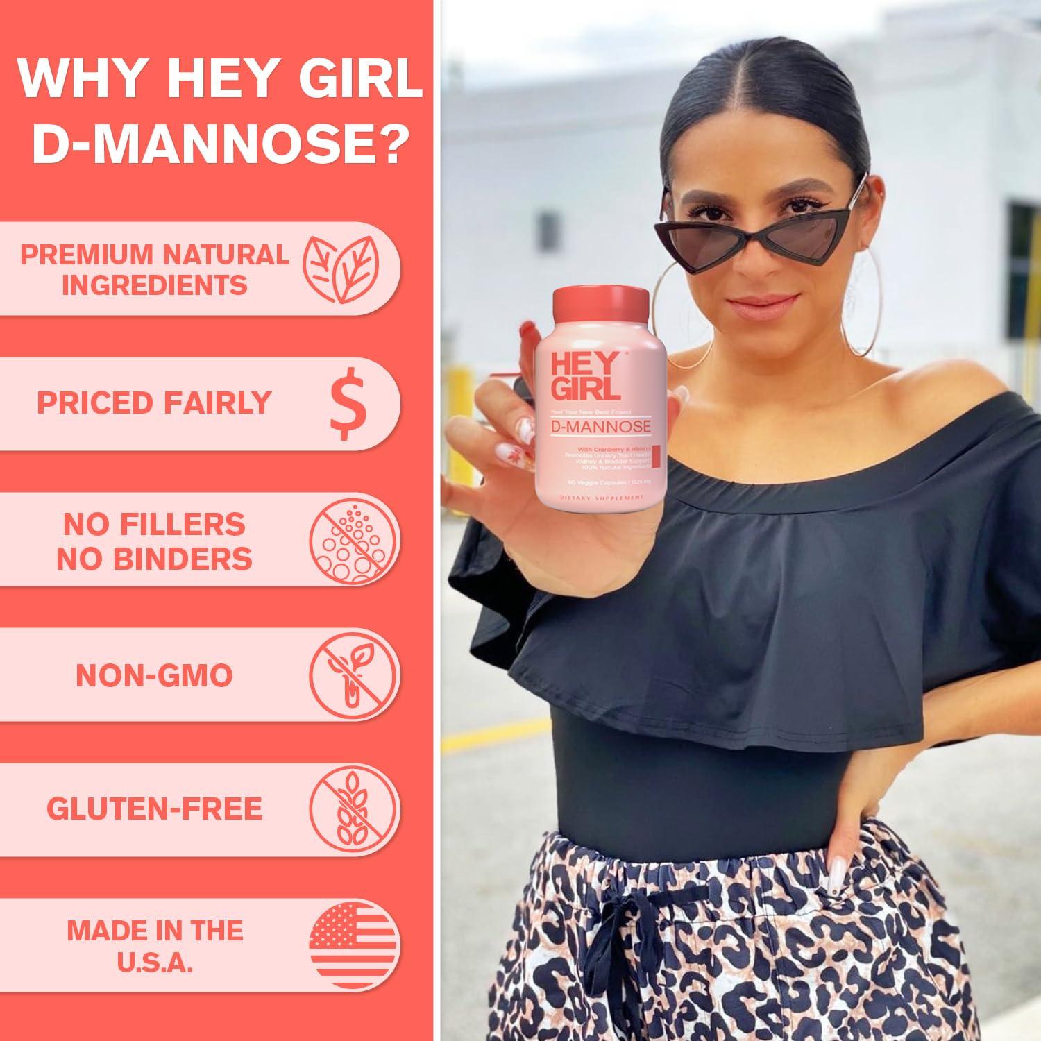 HEY GIRL NUTRITION D Mannose Capsules - Fast-Acting UTI Supplement - Cleanse & Flush Impurities - with Natural D-Mannose Powder, Cranberry, Hibiscus & Dandelion - Alternative to Cranberry for Women, 60 Capsules