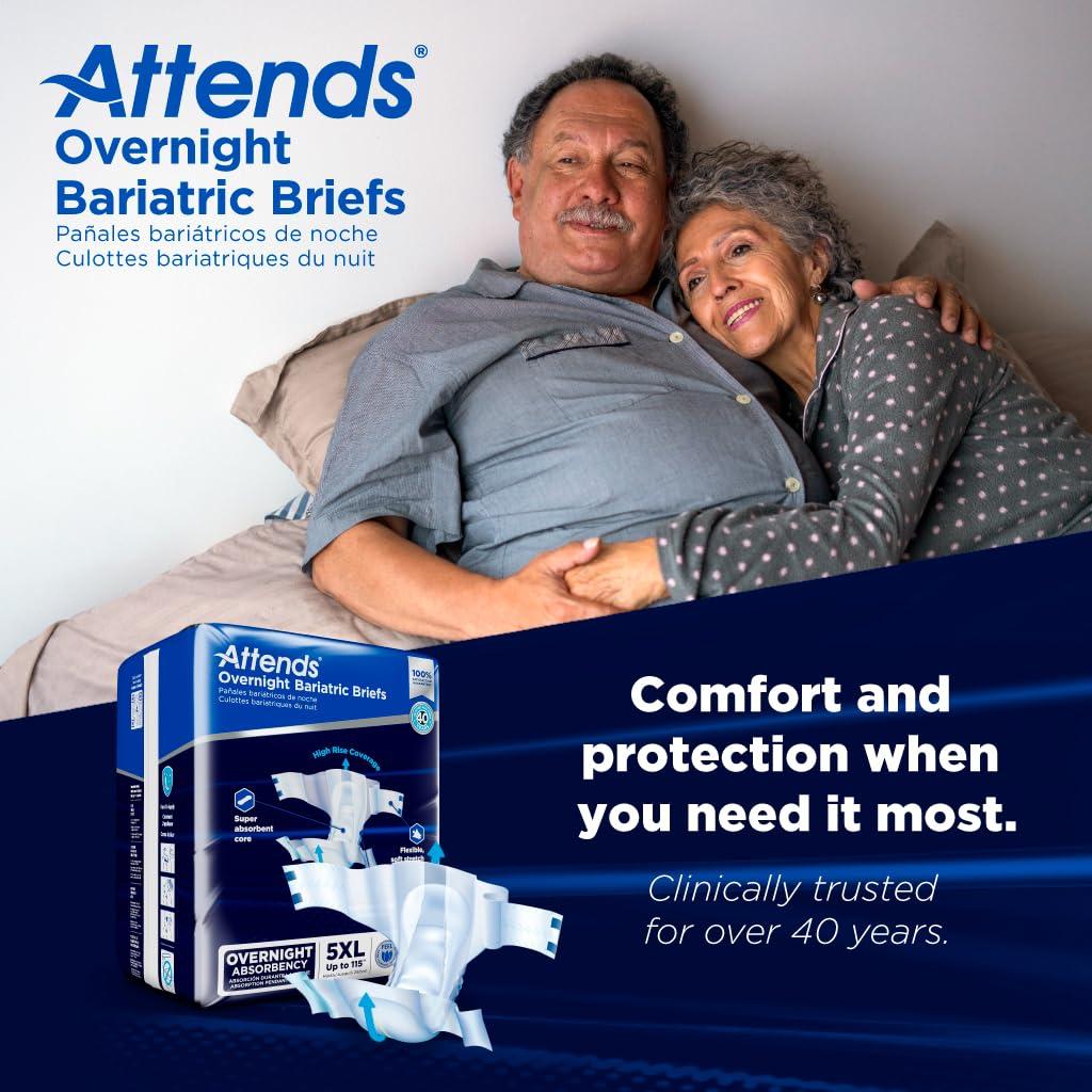 Attends Attends Bariatric Incontinence Disposable Briefs, 5X-Large, Up to 115\" Waist with Tab Closures, Ultimate Absorbency, Dry-Lock Containment Core and ConfidenceCuff Leakage Protection, 8ct Bag