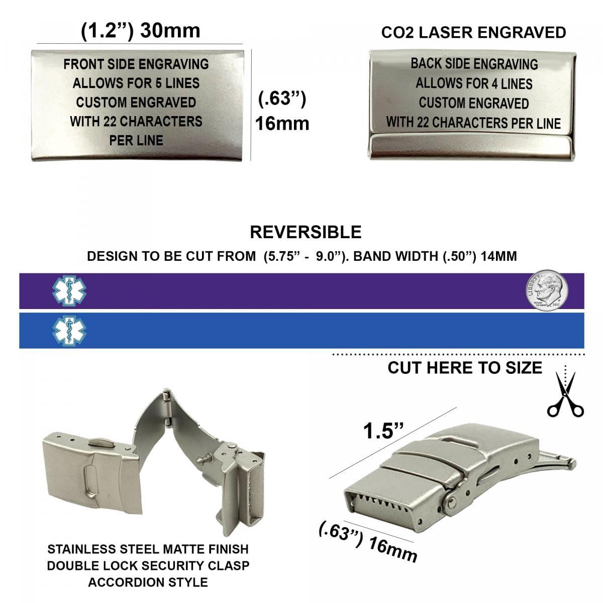 Universal Medical Data Medical Alert Bracelets - Slim Reversible Silicone Alert Band for Women & Men, Customizable Laser Engraved with Emergency Medical Card & Personal Health Record Access - Blue/Purple
