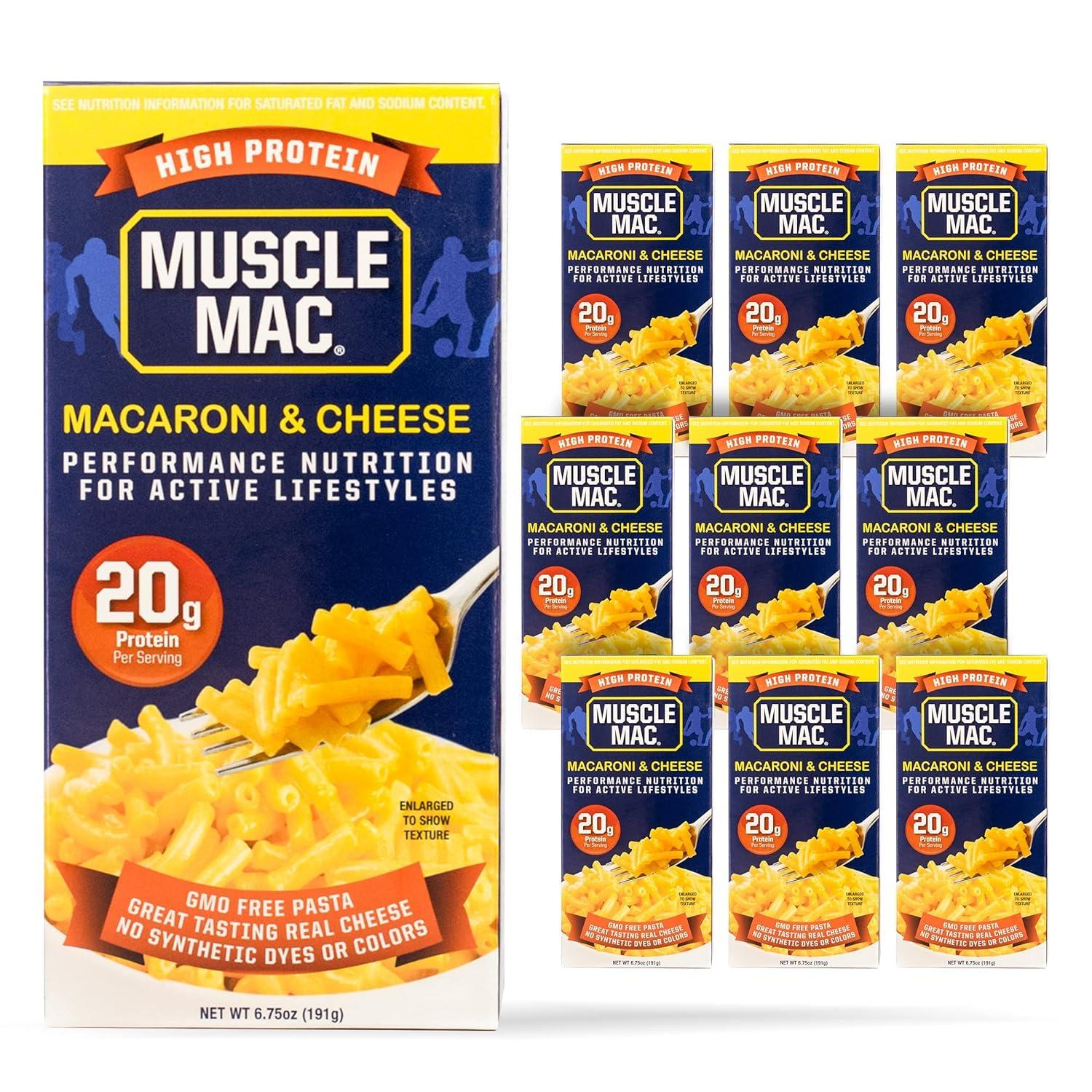 MUSCLE MAC Muscle Mac High Protein Macaroni & Cheese 6.75 oz. 10 Pack + Macaroni & Cheese GrassFed Cows Butter3.6 oz. 12 Pack