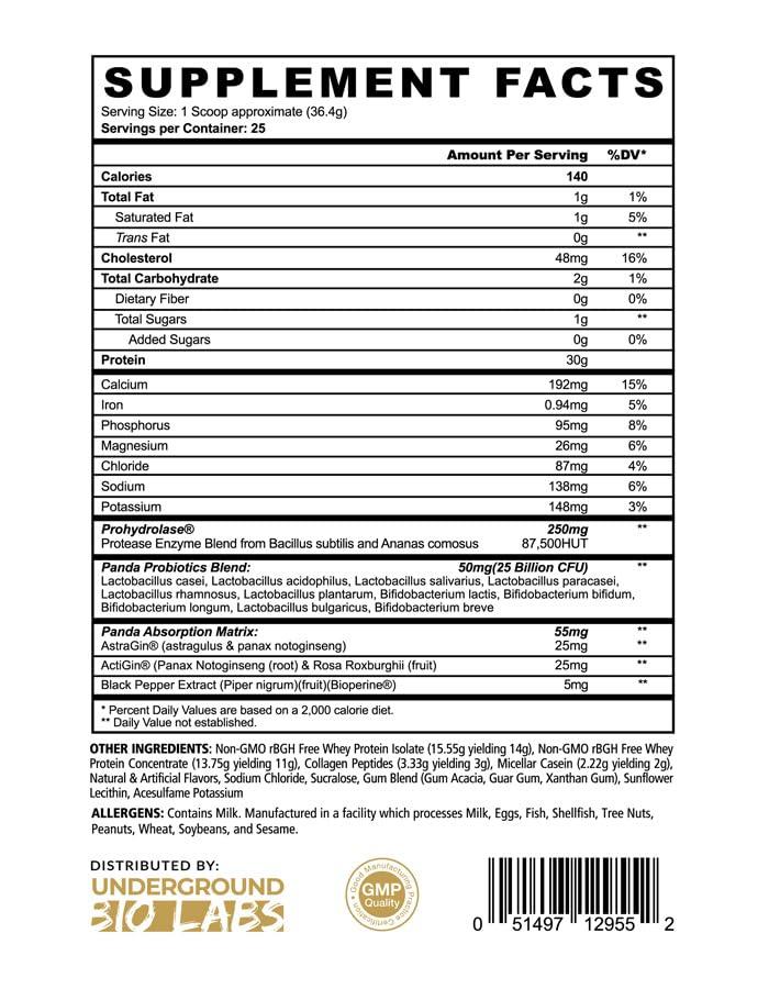 Underground Bio Labs PANDA FUEL Premium Protein Non-GMO Whey Protein Isolate ,Grass-Fed Hydrolyzed Collagen, Whey, Casein Protein, Egg Protein, Pro-Biotics, Digestive Enzymes.Multi-Stage 25 Servings (Vanilla Ice Cream)