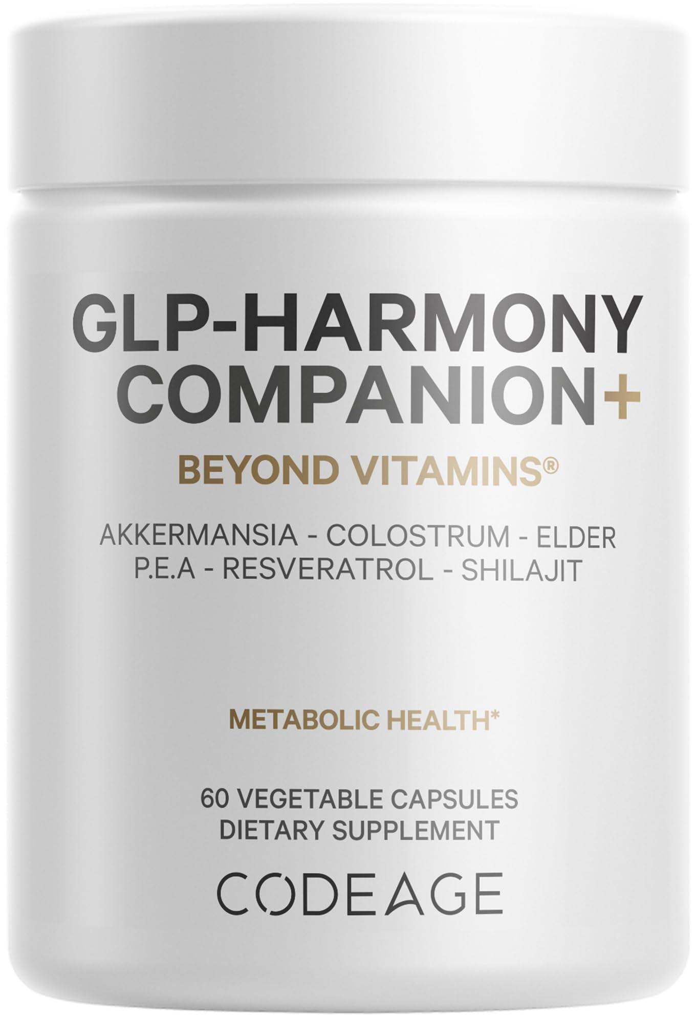 Codeage Codeage GLP-Harmony Companion+ Supplement - GLP-1 Agonist Support - Lion\'s Mane, Pea, Colostrum, Shilajit, Akkermansia, Elder, Citrus Bioflavonoids, Broccoli, Resveratrol - Non-GMO - 60 Capsules