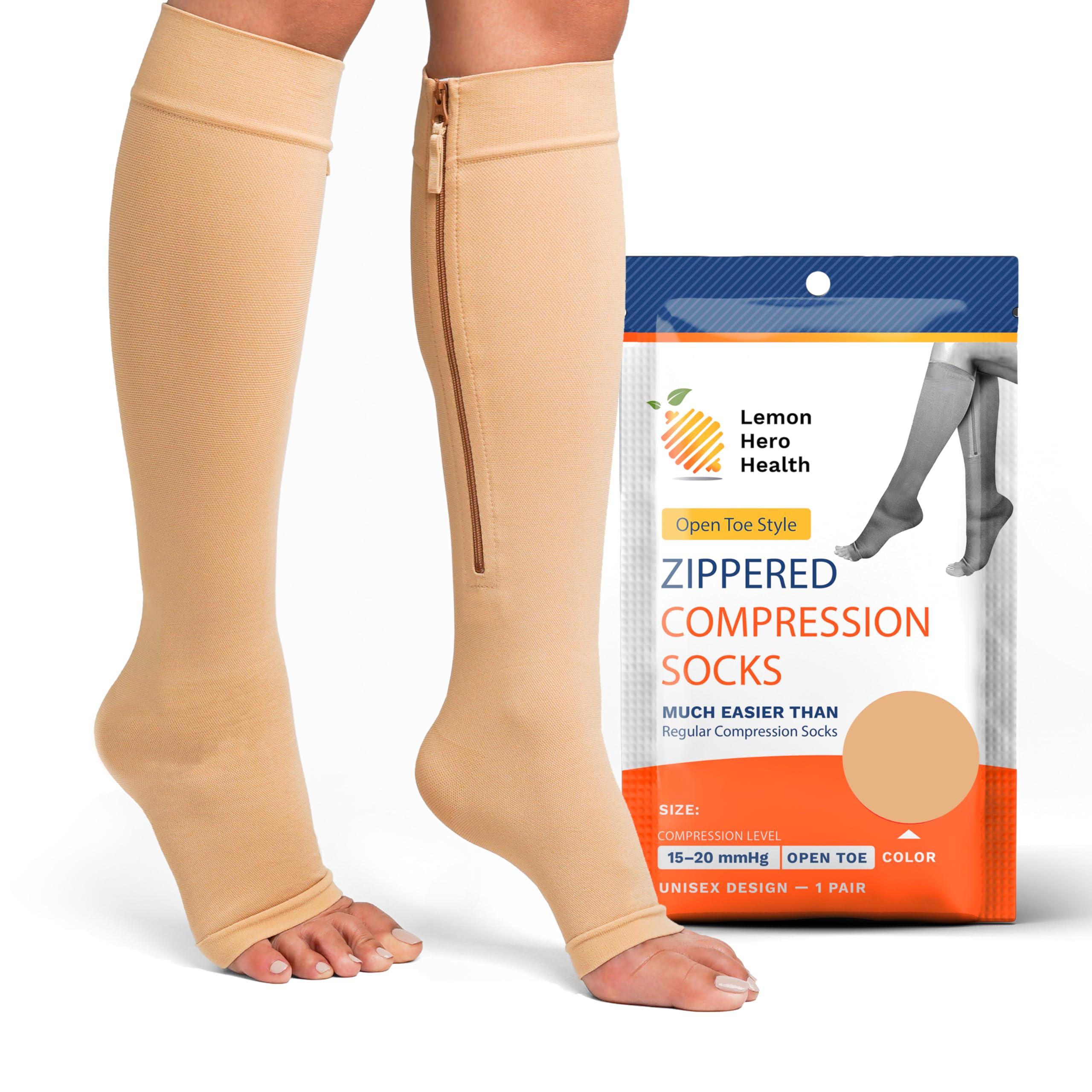 Lemon Hero Short Zipper Compression Socks for Women and Men Open Toe 15-20 mmhg Medical Zippered with Zip Guard Skin Protection (3XL, Biege)
