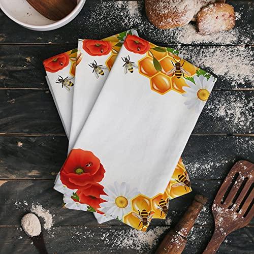 Smile Sunflower Smile Sunflower Kitchen Towels Microfiber Cleaning Cloths, Farm Bees Honeycomb Flowers Border Soft Dish Towels for Kitchen, Pack of 3 Absorbent Dish Cloths Reusable Tea Towels,Bar Towels,18x28 Inch