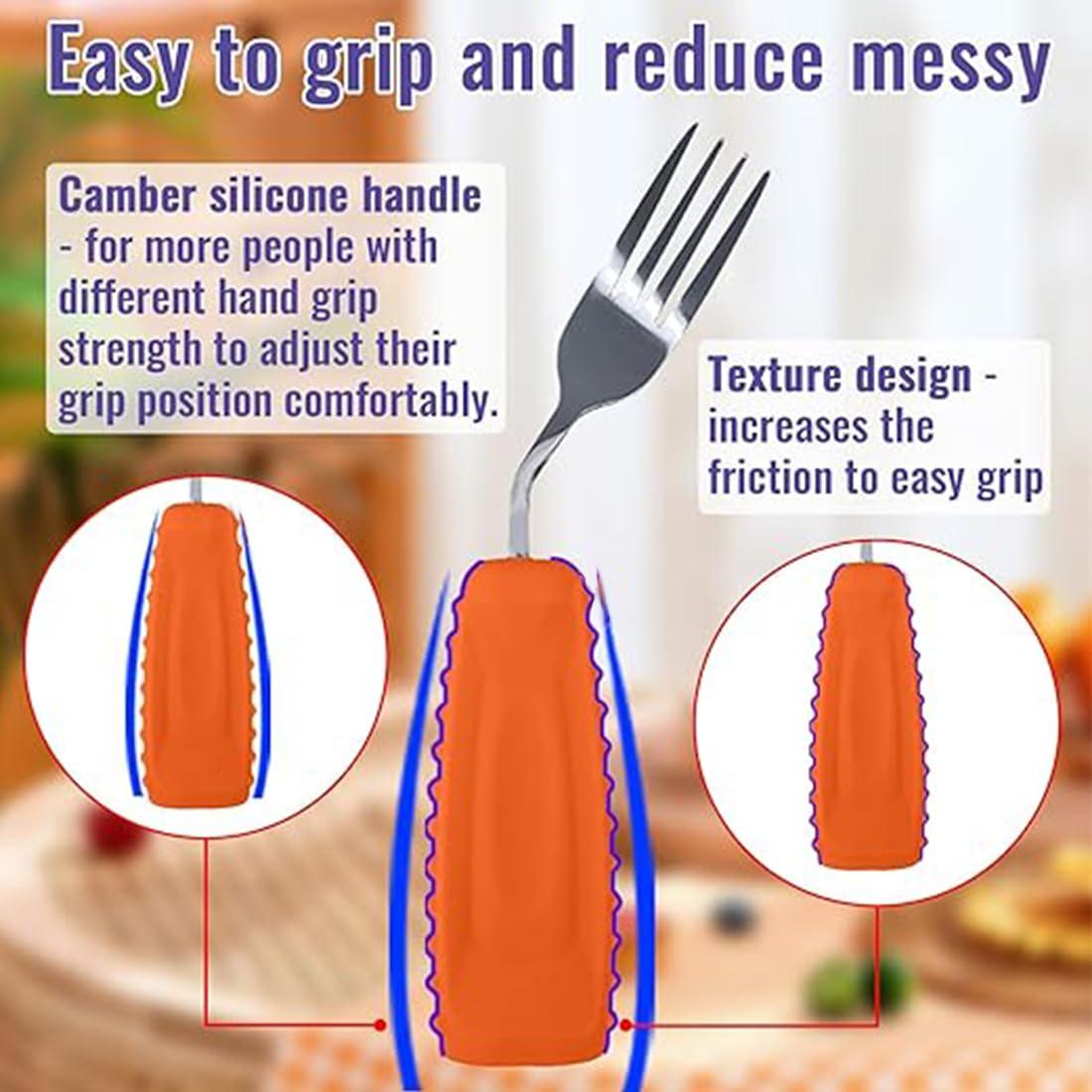 Ehucon Ehucon Adaptive Utensils,Weighted Angled Silverware,Parkinsons Aids,Angled Silverware Spoon and Fork Set for Elderly, Arthritis, Dementia, Disable, Handicapped Hands (Left Hand,Pack of 2,Orange)