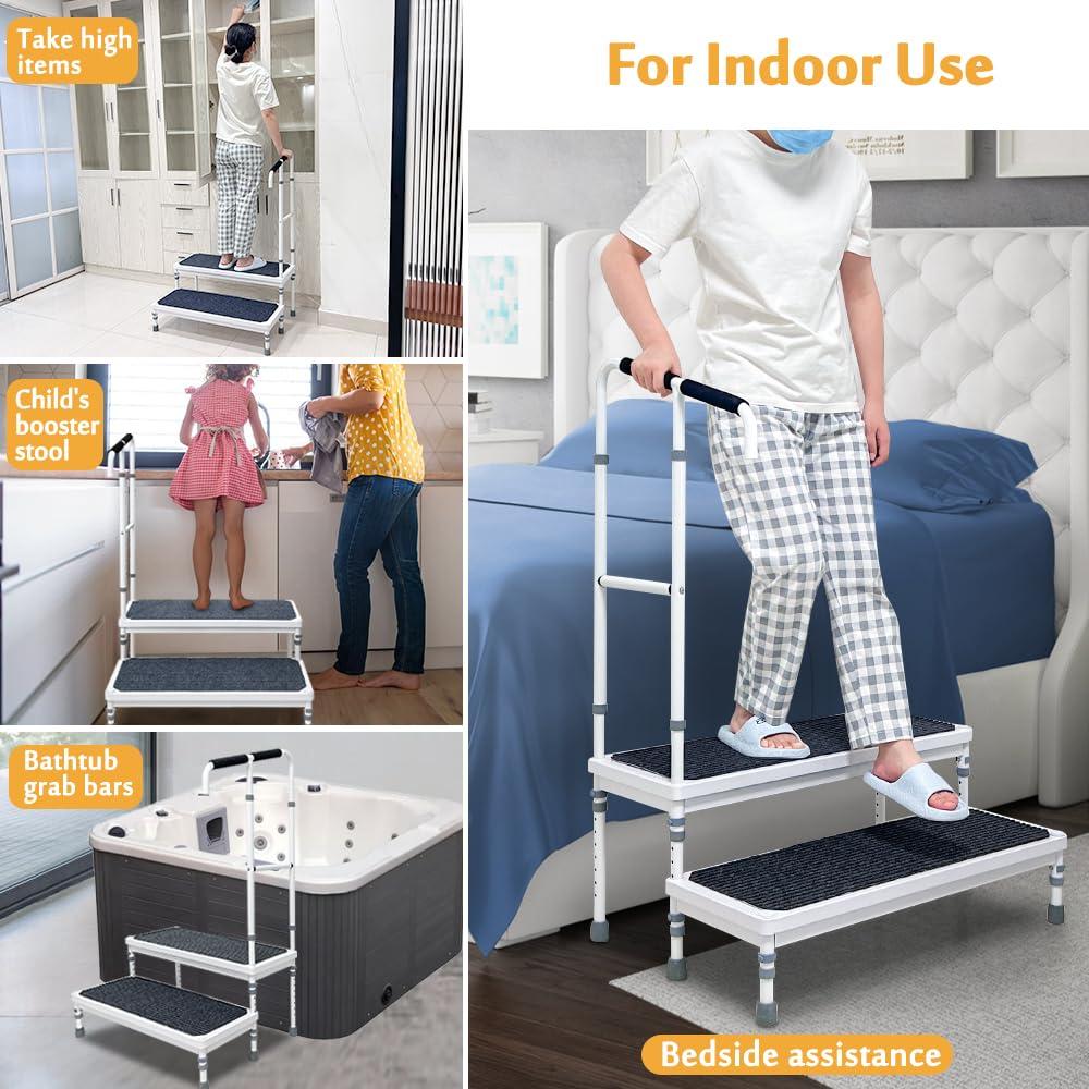 Mybow Mybow Bed Step Stool with Handle for Elderly Adults, High Beds Step Stool, Medical Bedside Step, Adjustable Bed Stairs for Adults, Wide Step Platform, Mobility Stepping Stool, Heavy Duty 2 Step Ramp