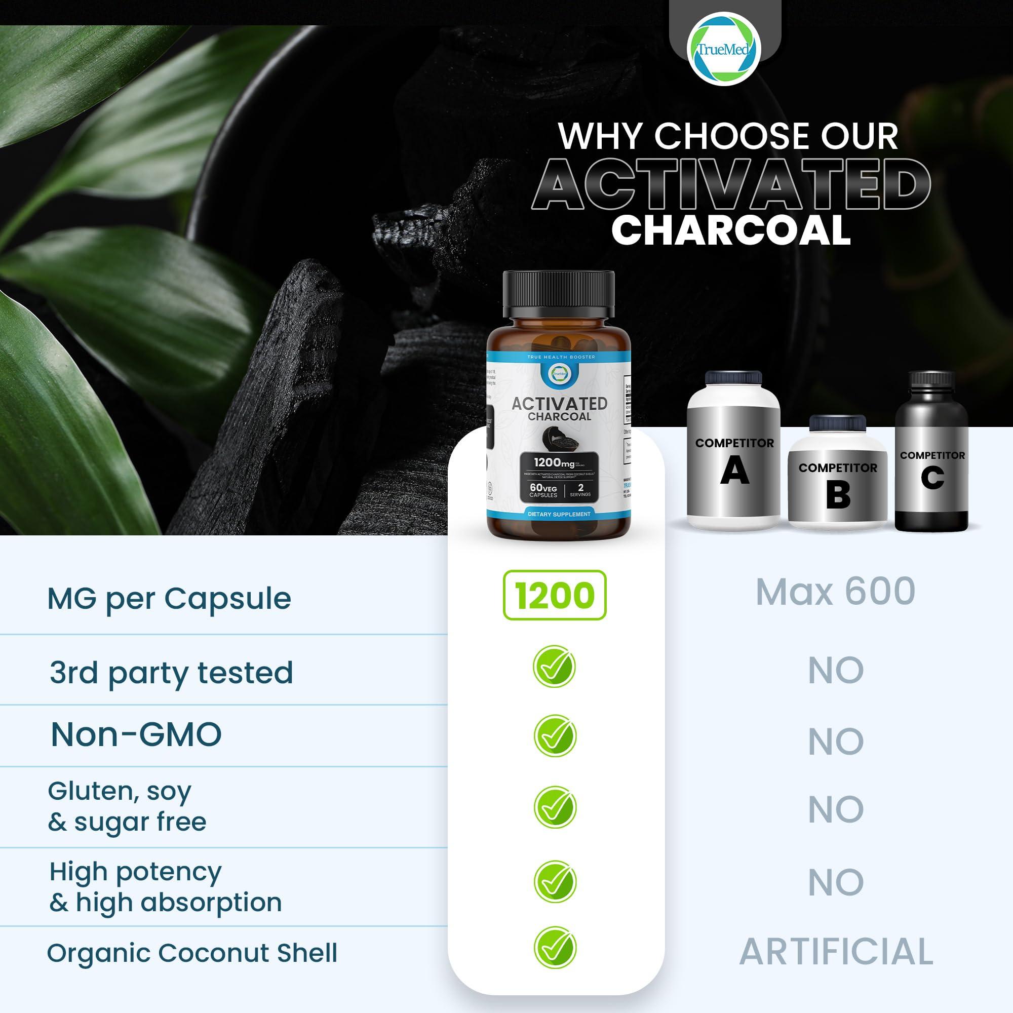 TRUEMED TRUEMED Activated Charcoal Organic Coconut Shell Derived Charcoal Capsule,1200mg, 60 Capsules, Support Detox & Digestive Health, Activated Charcoal Capsules for Health-Conscious Individuals