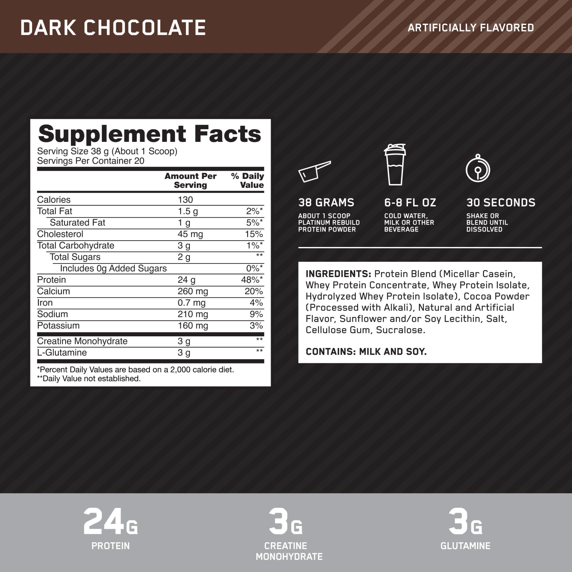 Optimum Nutrition Optimum Nutrition Platinum Rebuild, Premium Platinum Blend Protein Powder with Creatine Monohydrate, Dark Chocolate, 20 Servings