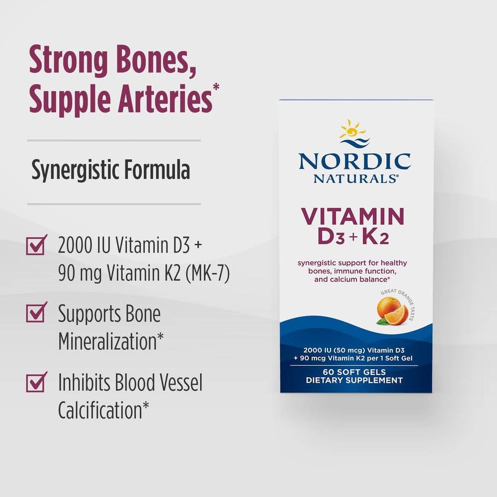 Nordic Naturals Nordic Naturals Vitamin D3 + K2, Orange Taste - 60 Soft Gels - Synergistic Support for Bones, Immune Function & Calcium Balance - Non-GMO - 60 Servings
