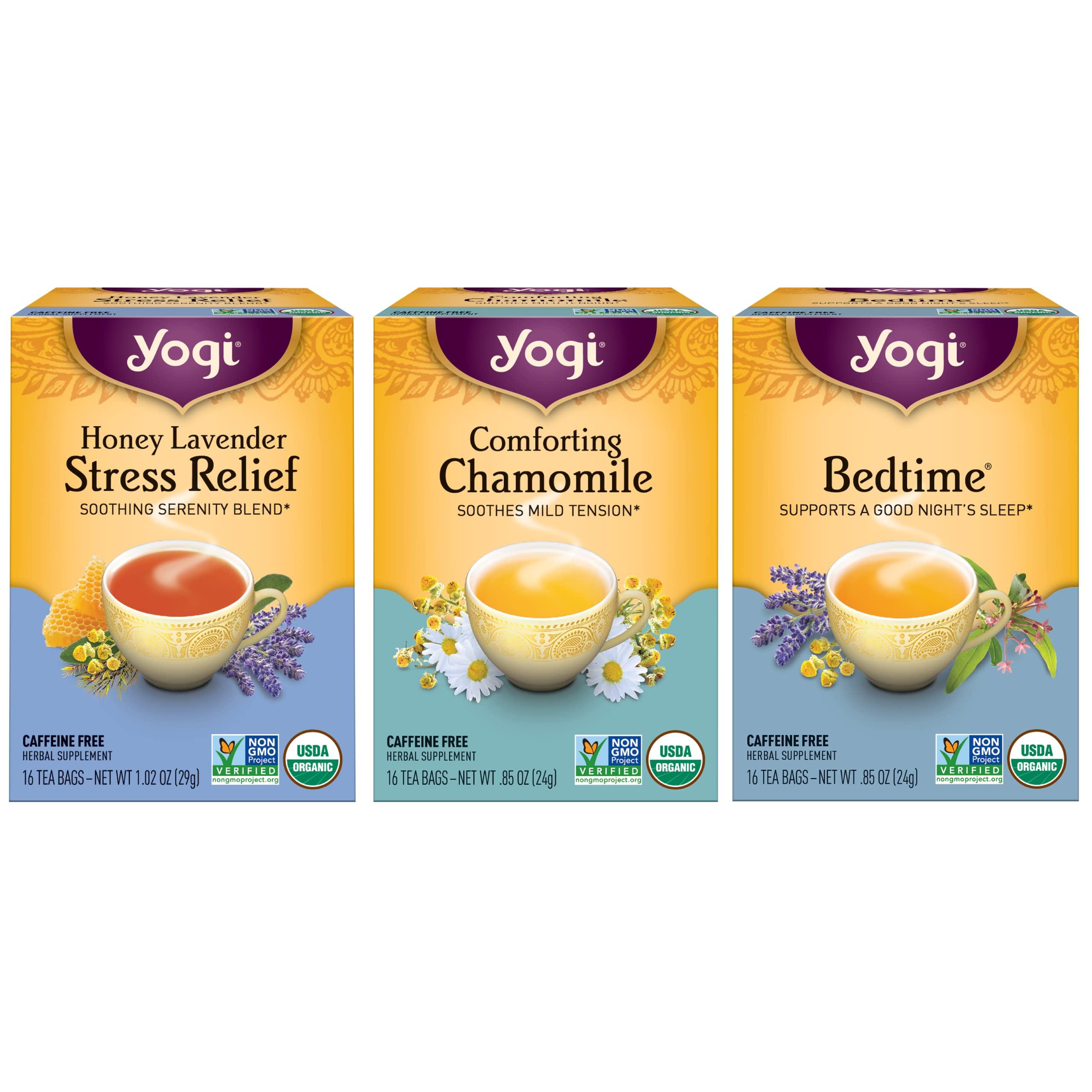 Yogi Yogi Tea Relaxation & Stress Relief Tea Variety Pack - 16 Tea Bags per Pack (3 Packs) - Relaxing Tea Sampler - Includes Honey Lavender Stress Relief Tea, Bedtime Tea & Comforting Chamomile Tea