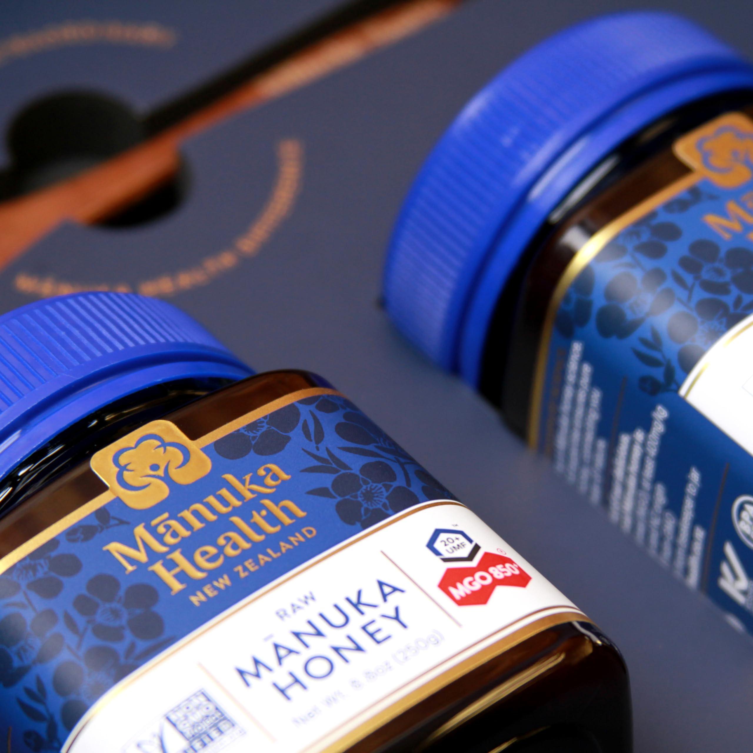 Manuka Health Manuka Health Holiday Gift Set, Certified Raw Manuka Honey from New Zealand, Includes UMF 20+/MGO 850+ 8.8oz Jar and UMF 13+/MGO 400+ 8.8 oz Jar with Wood Spoon