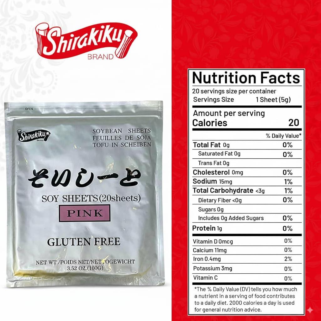 SHIRAKIKU BRAND Shirakiku Pink Sushi Soy Wrapper- Authentic Japanese Gluten-Free Wraps for Tofu, sushi | Soy Proteins, Corn Starch, Rice Powder, and Cochineal Extract | Easy to Use 20 Sheets - (3.52 Oz)