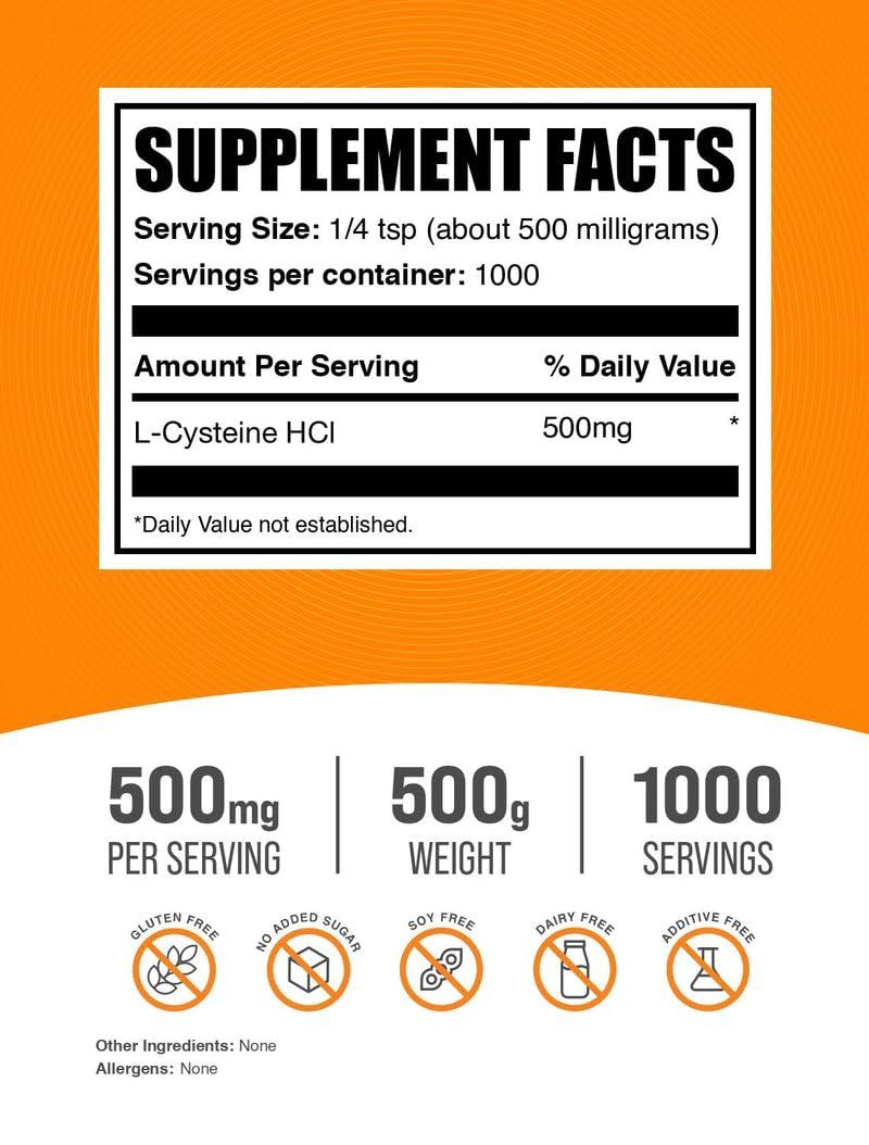 BulkSupplements BulkSupplements.com L-Cysteine HCl Powder - L-Cysteine Supplement, L-Cysteine 500 mg, Cysteine Amino Acid Supplement - Gluten Free, 500mg per Serving, 500g (1.1 lbs) (Pack of 1)