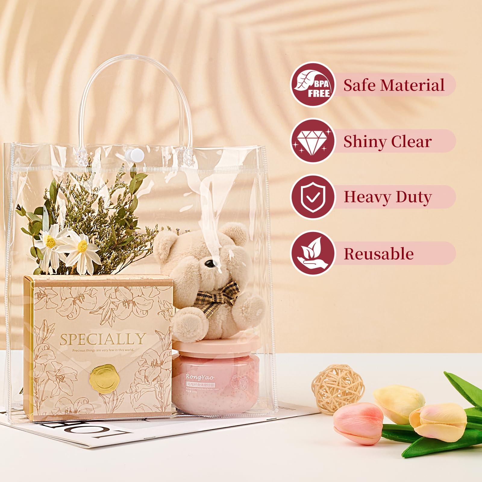 Jutieuo Jutieuo 20 Pack Clear Plastic Gift Bags with Handle, 9.84\" x 9.84\" x 3.54\", Reusable Transparent PVC Gift Wrap Tote Bags Bulk with Ribbons for Wedding, Baby Shower, Birthday Party Favor Bags