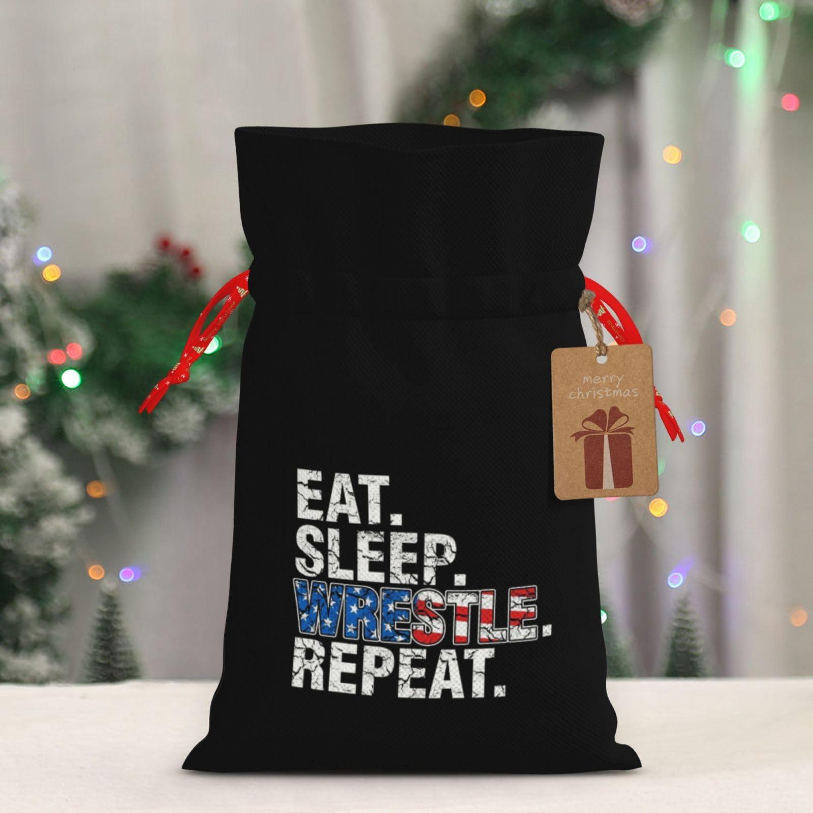 BYOBLU BYOBLU Eat Sleep Wrestle Repeat Wrestling Christmas Gift Bags, Santa Wrapping Bag,With Drawstring And Tags For Reusable