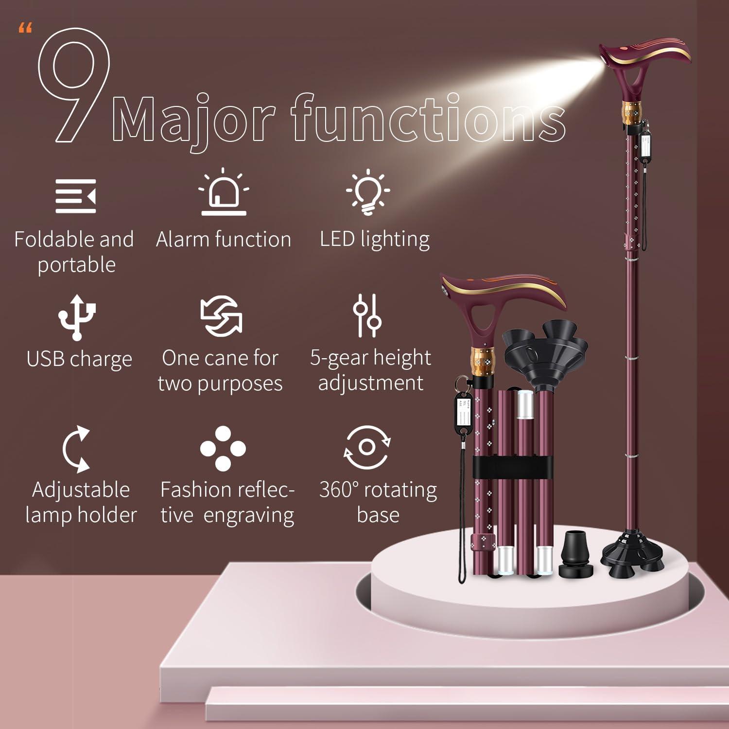 ispuoocti ispuoocti Folding Cane, Smart Alarm Foldable Cane with Light, Fashion Walking Cane for Women&Men, Adjustable Canes for Seniors, USB Direct Charging, Lightweight and Portable (Red)