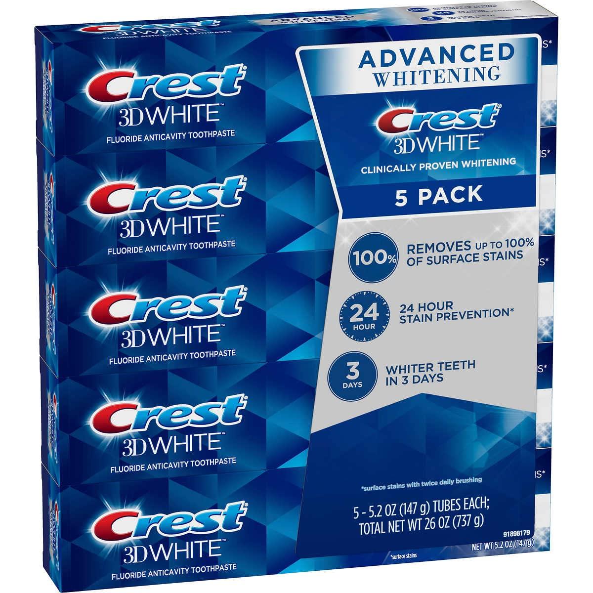 Crest Crest 3D White Advanced Whitening Toothpaste, 5.2 oz (Pack of 5)
