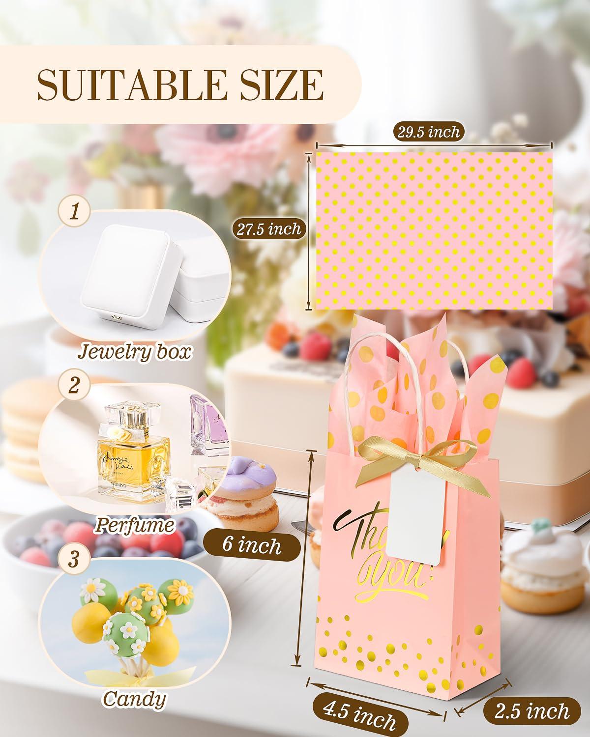 EQOREIIN EQOREIIN 25 Pack Gift Bags with Handles 8.3x6x3.1 Inches Thank You Gift Bags Party Favor Bags Kraft Paper Goodie Bags with Bow Ribbon for Mother\'s Day, Baby Shower, Graduation, Birthday(Pink)