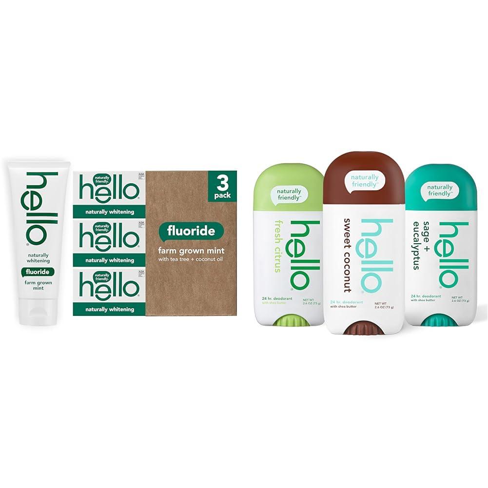 hello Hello Naturally Whitening Fluoride Toothpaste, Natural Peppermint Flavor and Tea Tree Oil & Deodorant Variety Pack (Sweet Coconut, Fresh Citrus, White Sage) for Women + Men