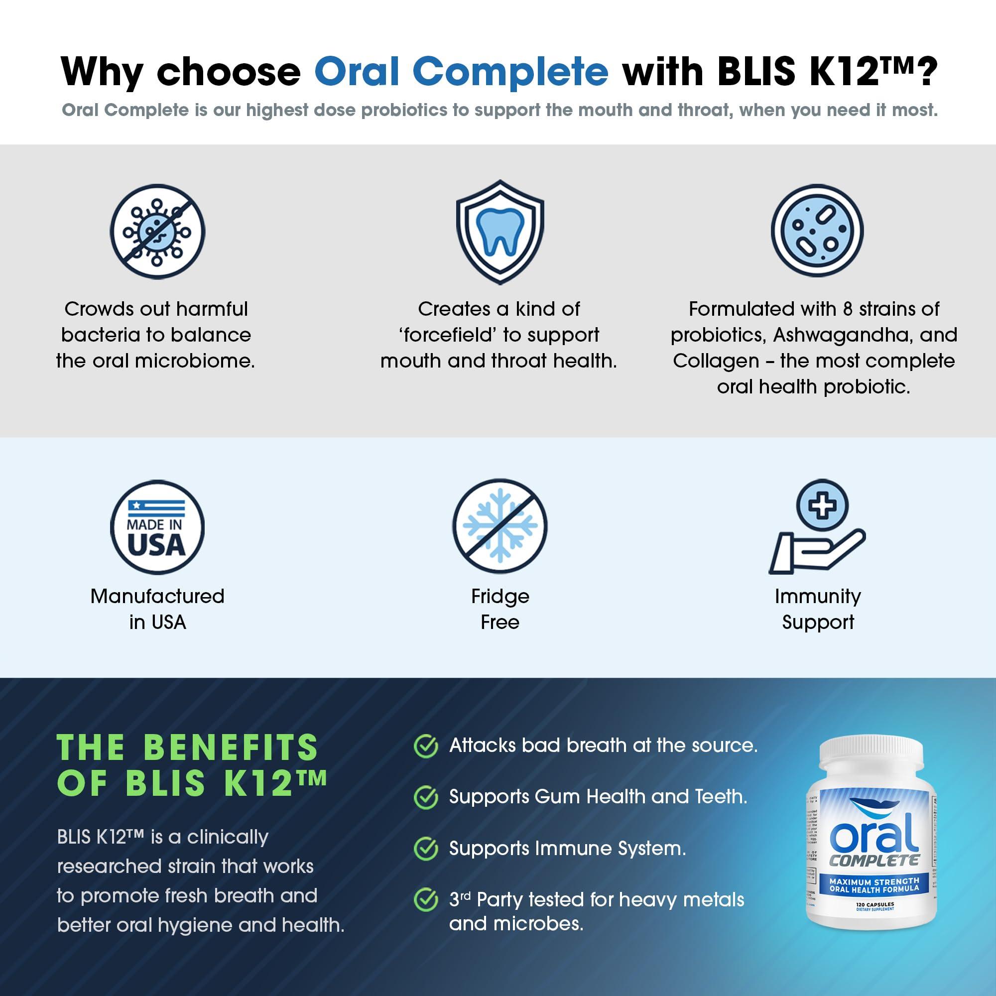 Instant Brands Oral Complete 11-in-1 Dental Probiotics, Bad Breath Treatment Halitosis Tonsil Stone with Non-GMO with BLIS K12, Ashwagandha and Collagen, 120 Capsules