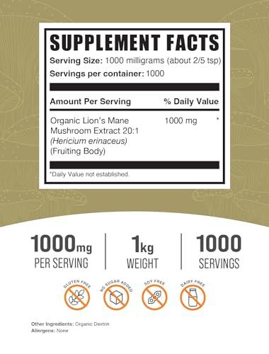 BULKSUPPLEMENTS.COM BulkSupplements.com Organic Lion\'s Mane Mushroom Extract Powder - Lions Mane Supplement Powder, Lion\'s Mane Extract - Mushroom Supplement, 1000mg per Serving, 1kg (2.2 lbs) (Pack of 1)