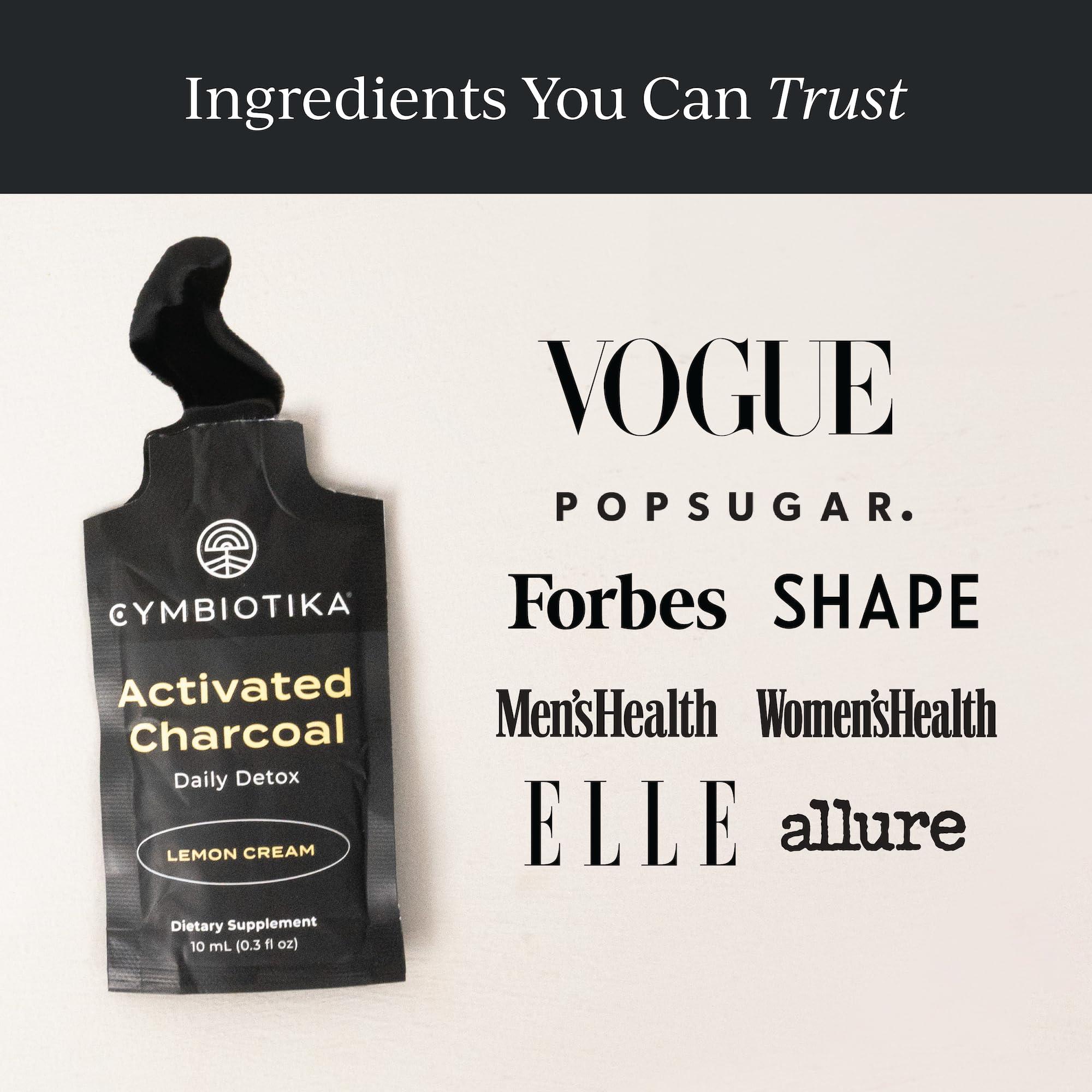 CYMBIOTIKA CYMBIOTIKA Activated Charcoal Liquid Supplement with Vitamin E, Gut Health & Digestive Support for Adults, Helps Cleanse, Detox, Support Gas, Bloating, Lemon Cream Flavor, Vegan, 10ml Pouches, 26 Pack
