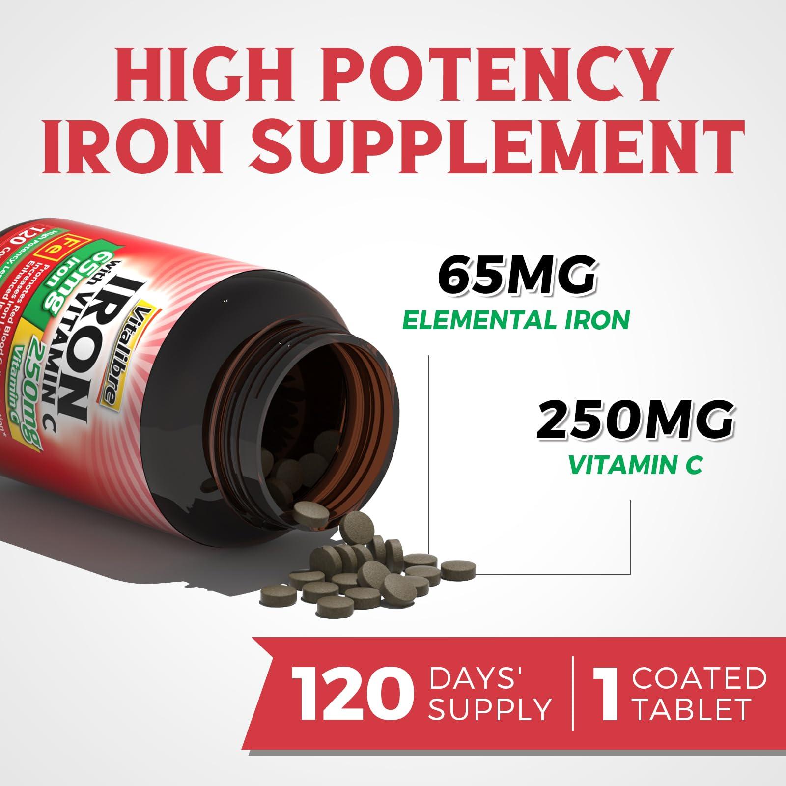Vitalibre Iron Supplement 65mg with Vitamin C, Stomach Friendly Carbonyl Iron, High Potency & Absorption, for Healthy Iron & Energy Levels, Supports Red Blood Cell Production, 120 Tablets