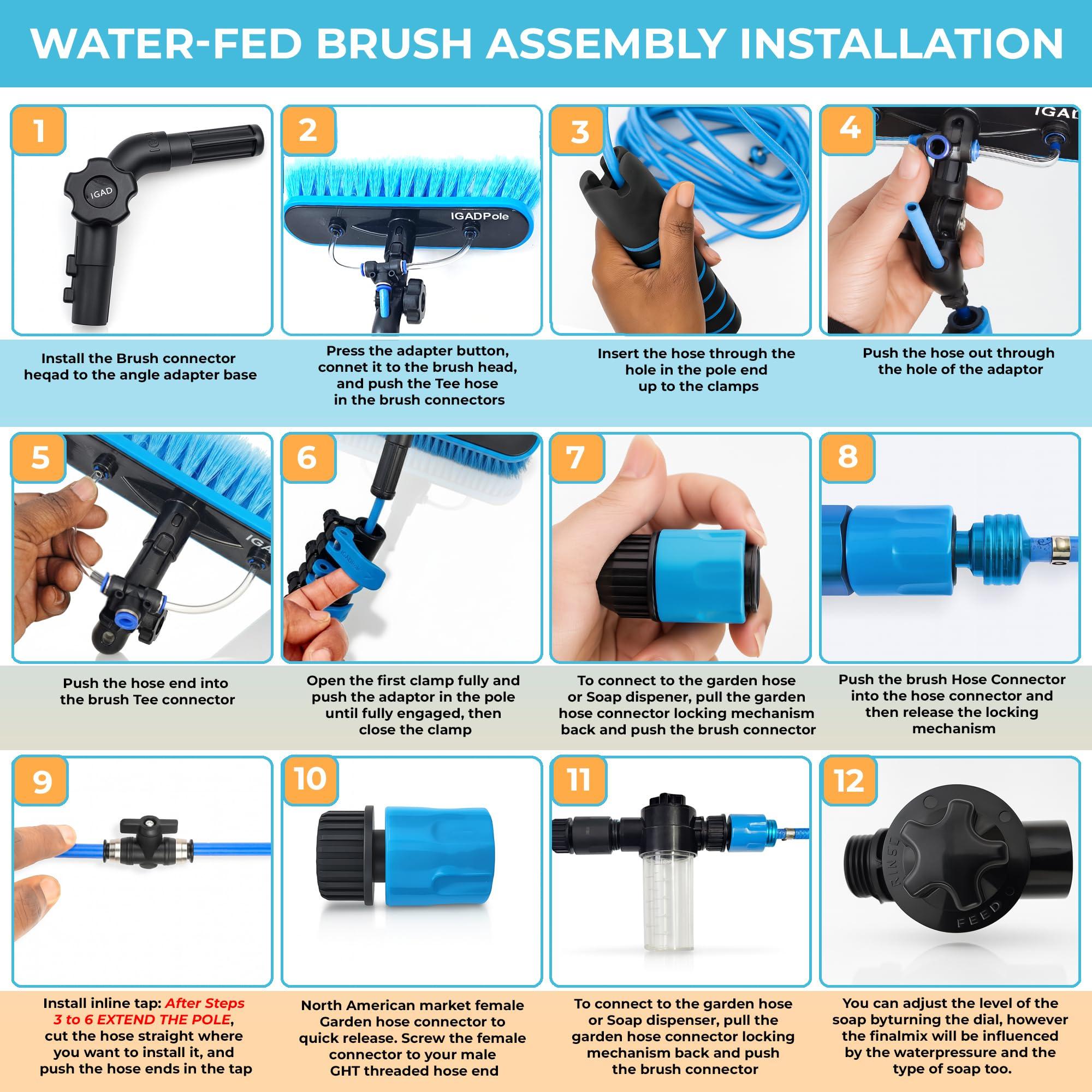 IGAD 26 ft IGADPole Washing Kit: Water-fed Brush, Cobweb Duster and 10(25cm) Squeegee and Soap Dispenser, with 5-Stage Telescoping Pole 5-20 Ft Pole
