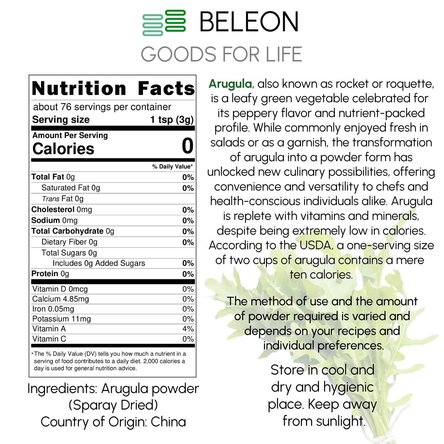 Beleon Goods For Life Organic Arugula Powder - Pure Arugula Powder Great for Seasonings, Salads, Baking, Meat Mixes, even Smoothies, 8 oz