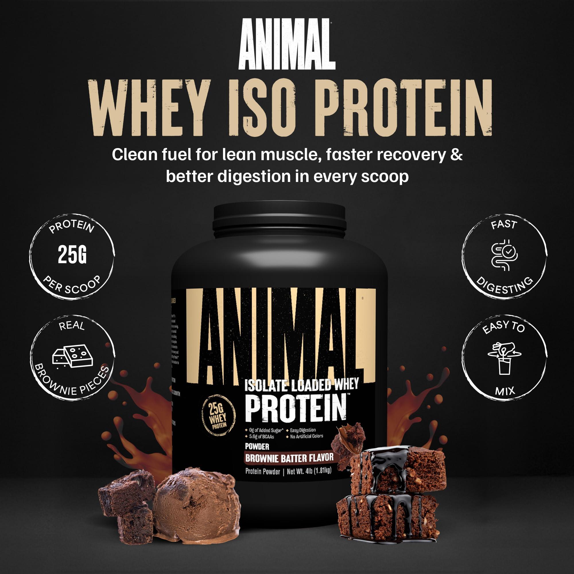 Animal Animal Whey Isolate Protein Powder - Loaded for Pre & Post Workout Muscle Builder and Recovery with Digestive Enzymes for Men & Women - 25g Protein, Great Taste, Low Sugar - Brownie Batter 4 lbs