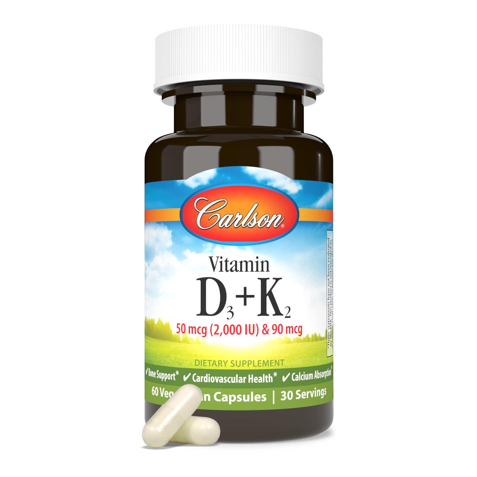 Carlson Carlson - Vitamin D3 + K2, 50 mcg (2000 IU) Vitamin D3 & 90 mcg Vitamin K2 as MK7, Bone Support, Calcium Absorption, 60 Capsules