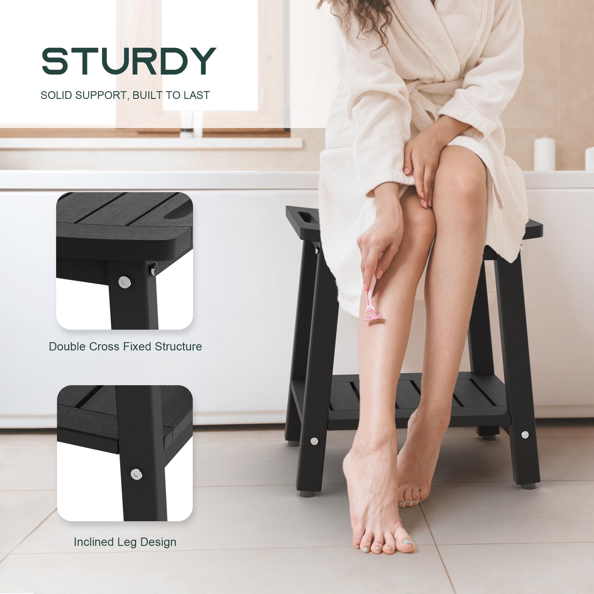 BEKVEM BEKVEM Shower Bench for Inside Shower - Black HDPE Shower Stool Waterproof - Spa Bathroom Seat Chair with Handle, Storage Shelf, Adjustable Feet - Indoor/Outdoor, Weather Resistant