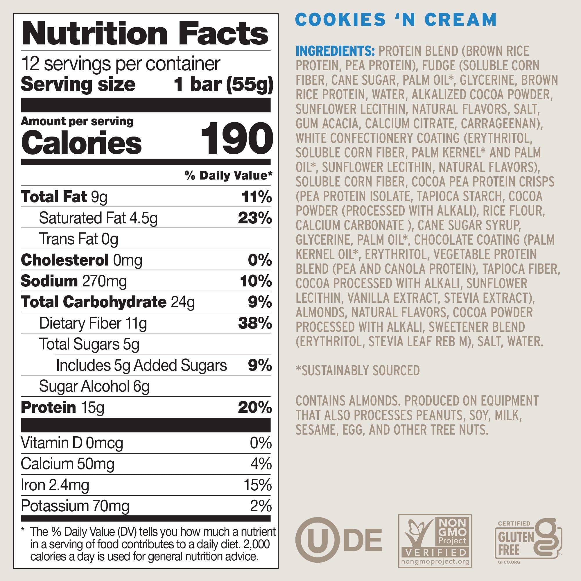 No Cow No Cow Vegan Protein Bars with Low Sugar & High Protein, 15g Plant Based Protein & 10g Fiber Snacks for On-the-Go Nutrition & Post-Workout, Gluten-Free, Dairy-Free (Cookies n Cream, 12 Count)