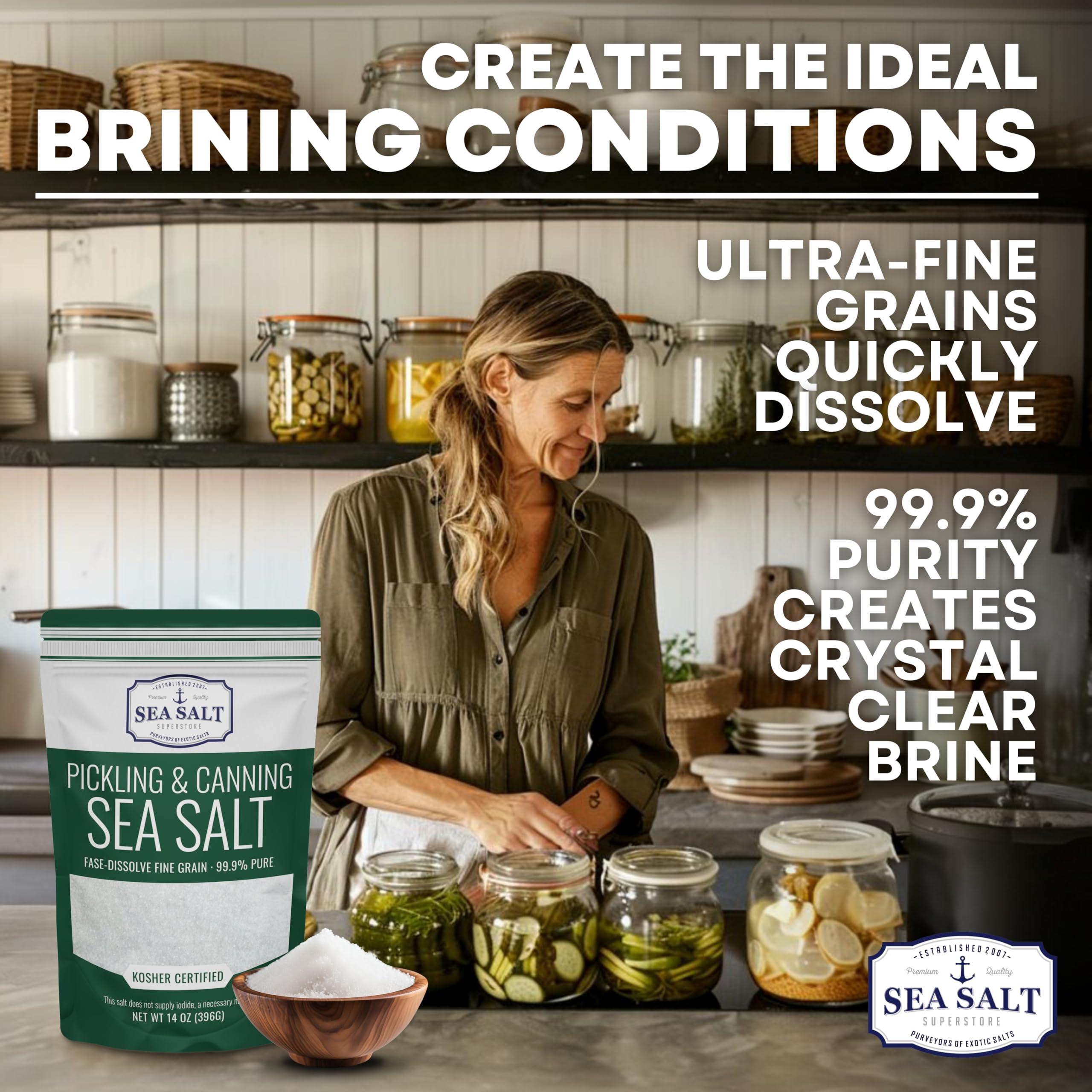 Sea Salt Superstore Pickling & Canning Salt, Pickling Salt & Curing Salt for Natural Preserving, Fine Sea Salt & Kosher Salt for Brining, 1 lb Shaker Non Iodized Salt, Sea Salt Superstore