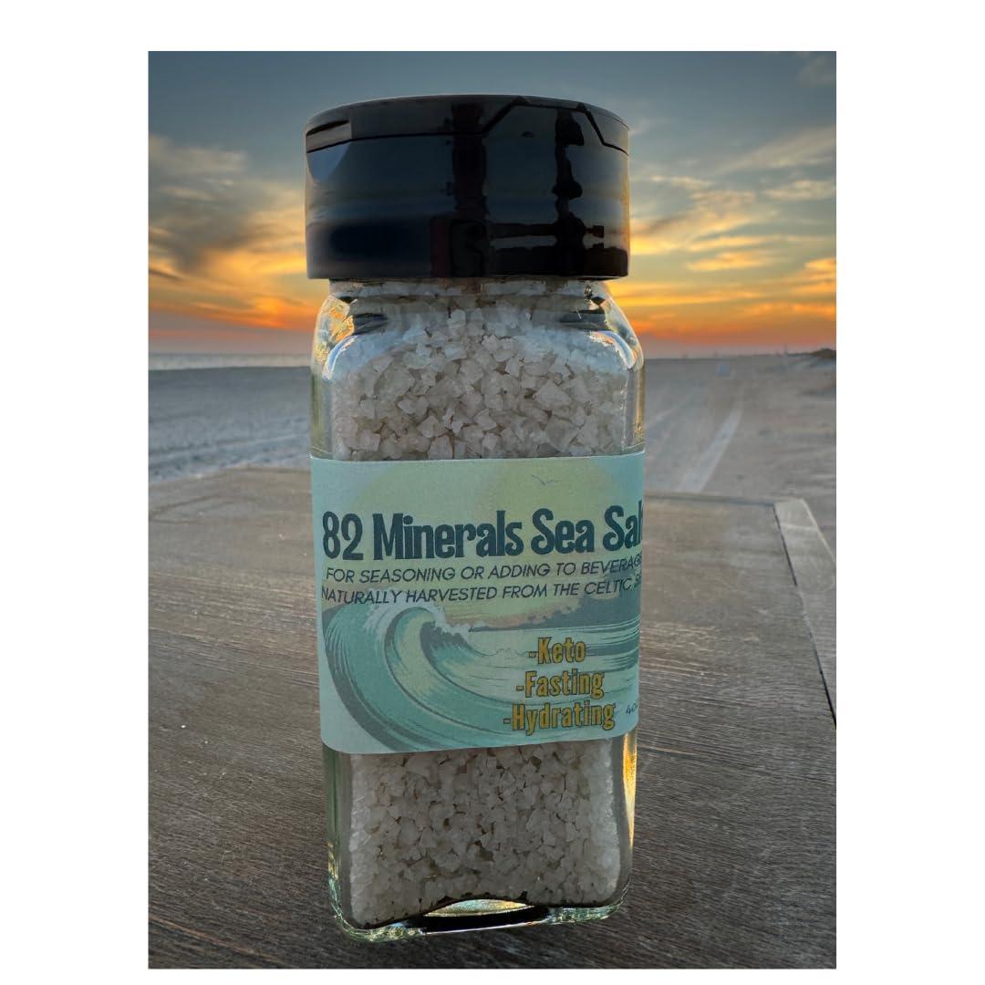 82 MInerals Sea Salt Celtic Salt 82 Minerals Sea Salt French Celtic Insprired Artisanal Glass Jar with Shaker Lid Hand Harvested Sea Salt XL Coarse Grain NC Small Business Organic Vegan Kosher Paleo Low Sodium from the Celtic Sea