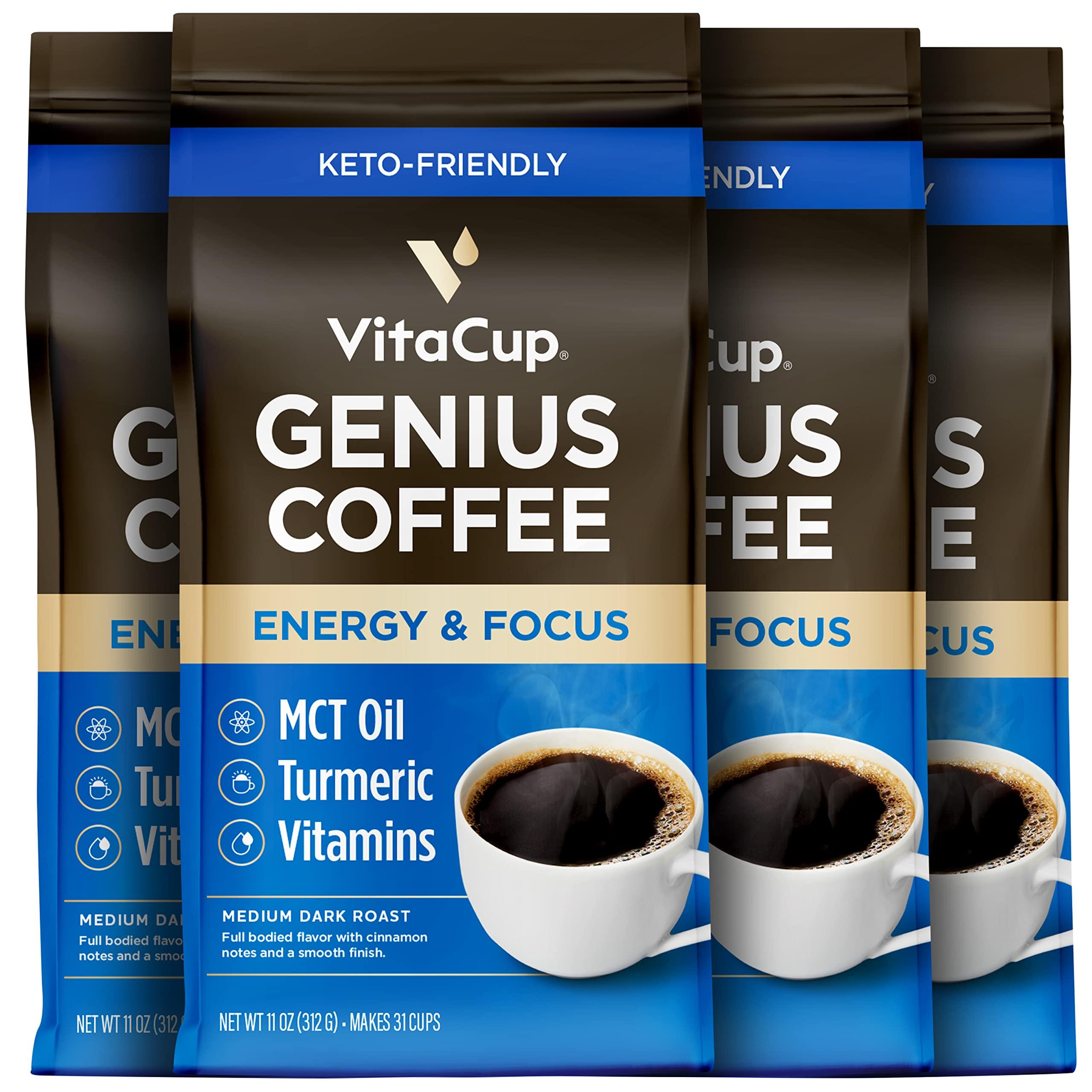VitaCup VitaCup Genius Ground Keto Coffee w/Turmeric, MCT Oil, B Vitamins, D3, Ground Coffee Medium Dark Roast, Bold & Smooth, 100% Arabica Coffee Grounds, 4 bags, 11oz each