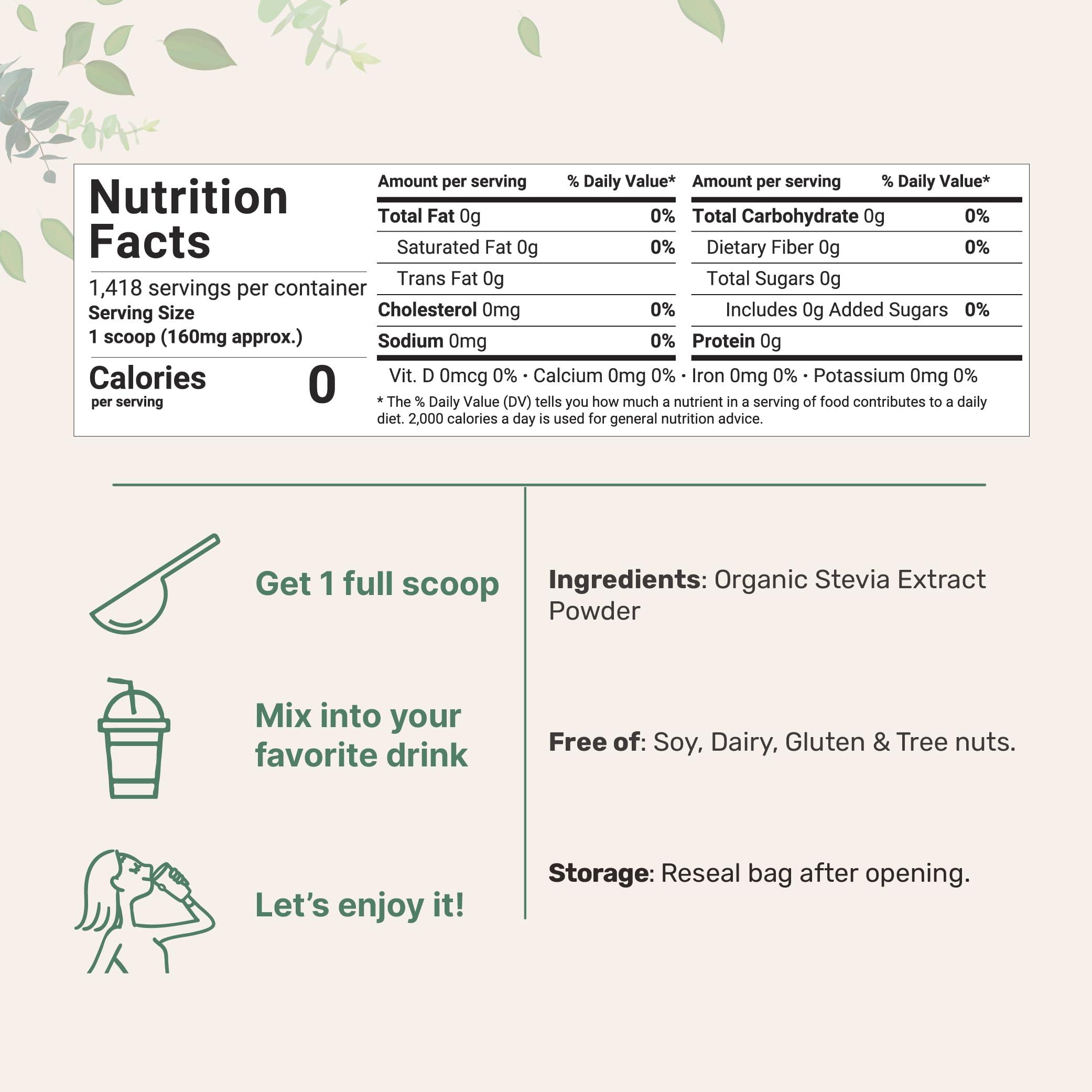 Micro Ingredients Pure Organic Stevia Powder, 8 Ounces, 1418 Serving, High Grade Stevia Green Leaf Extract Reb-A, Reduced Bitter Aftertaste, 0 Calorie, Natural Sweetener, Sugar Alternative, Keto Friendly