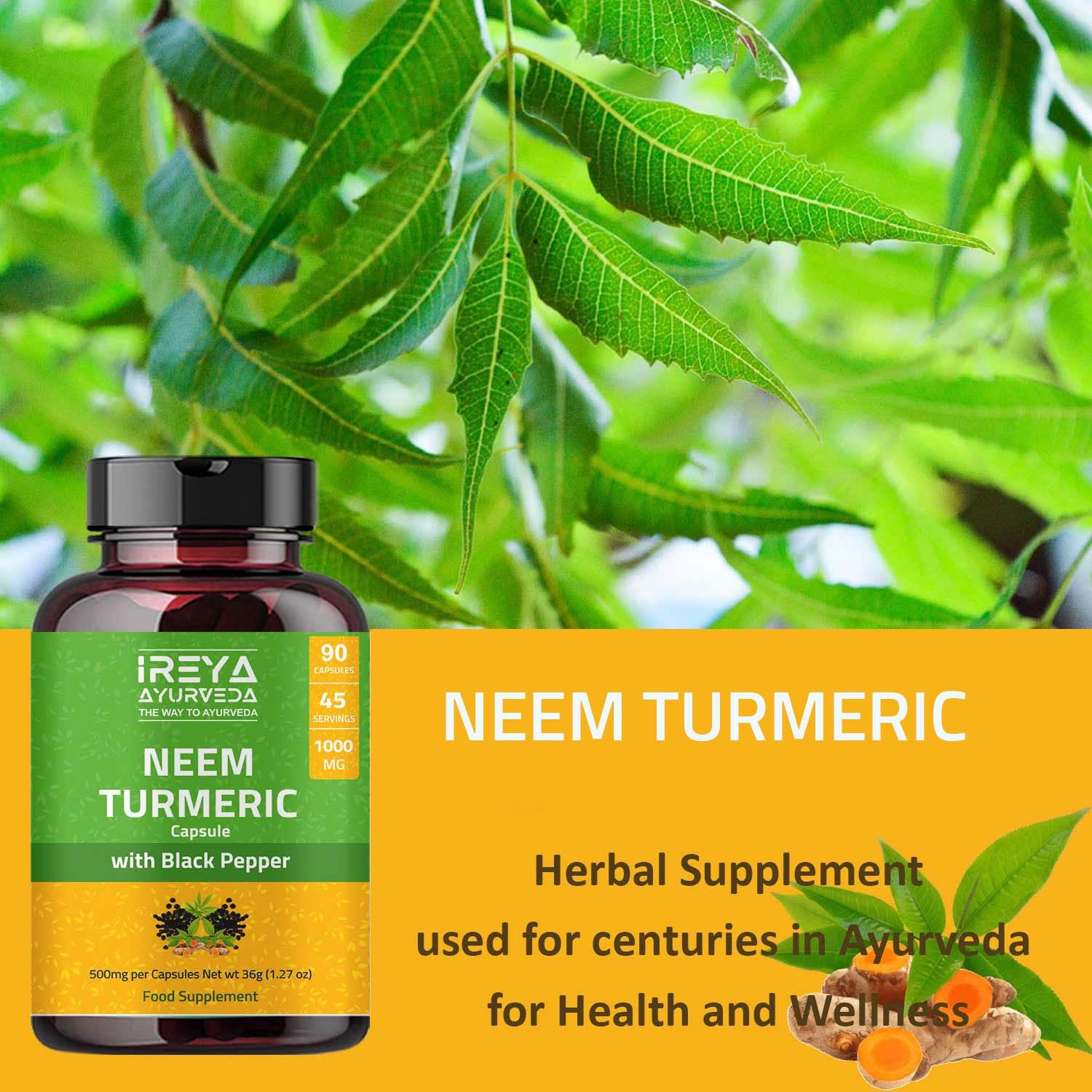 Ireya Ayurveda Neem Turmeric Capsules | 90 Capsules 1000mg | Neem Capsules Made Black Pepper Neem, Turmeric, & Black Pepper | (90 Capsules)