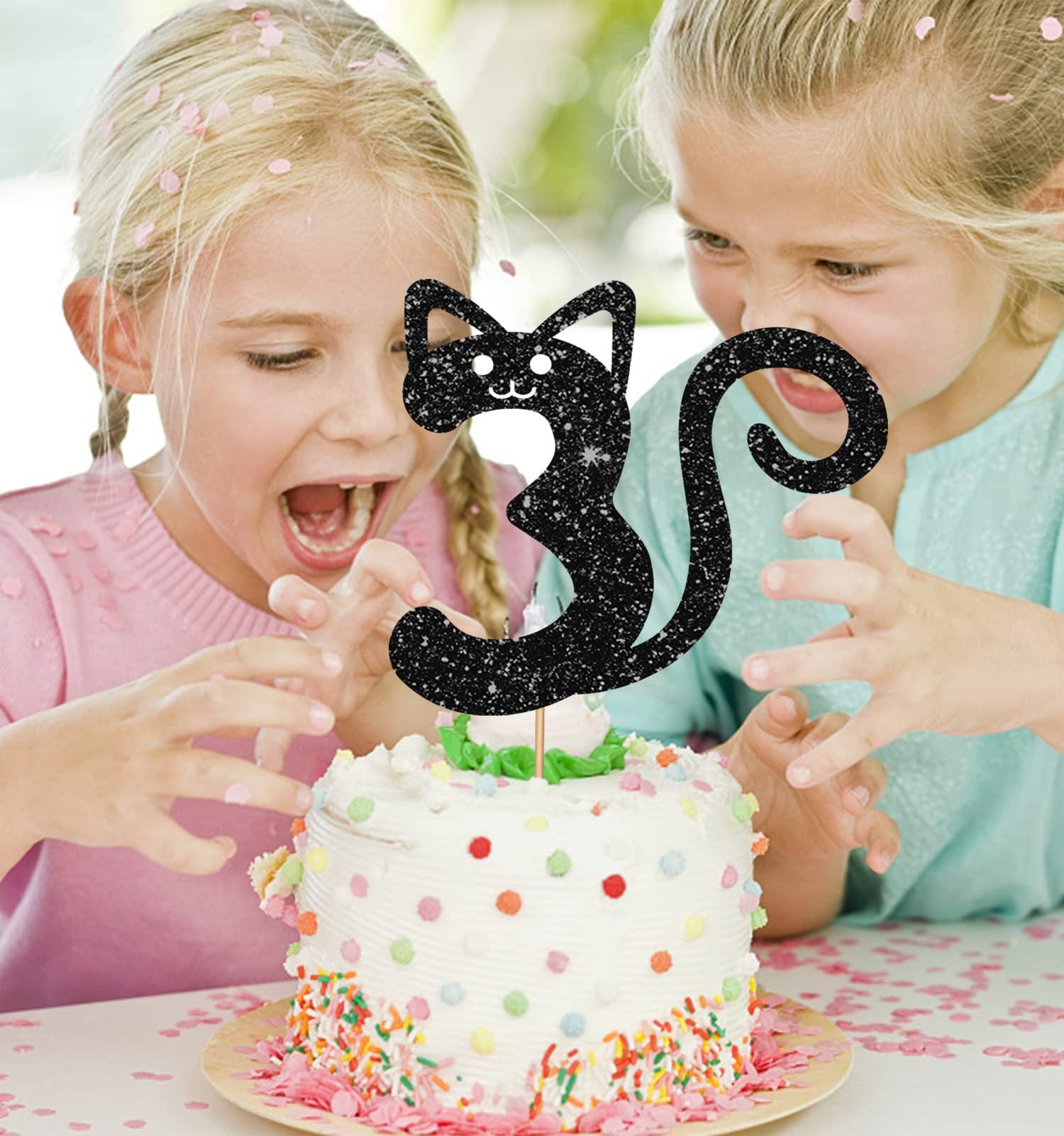 MINUET MINUTE Cat Three Cake Topper, Number 3 Cake Topper for Baby Girl, Kitty Happy 3rd Birthday Party Supplies, Pet Cat Three Year Old Party Decoration - Black Glitter